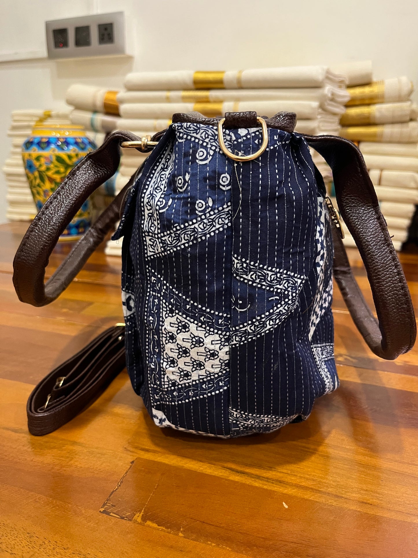 Southloom™ Handmade Printed Design Blue Sling Bag with Leatherette