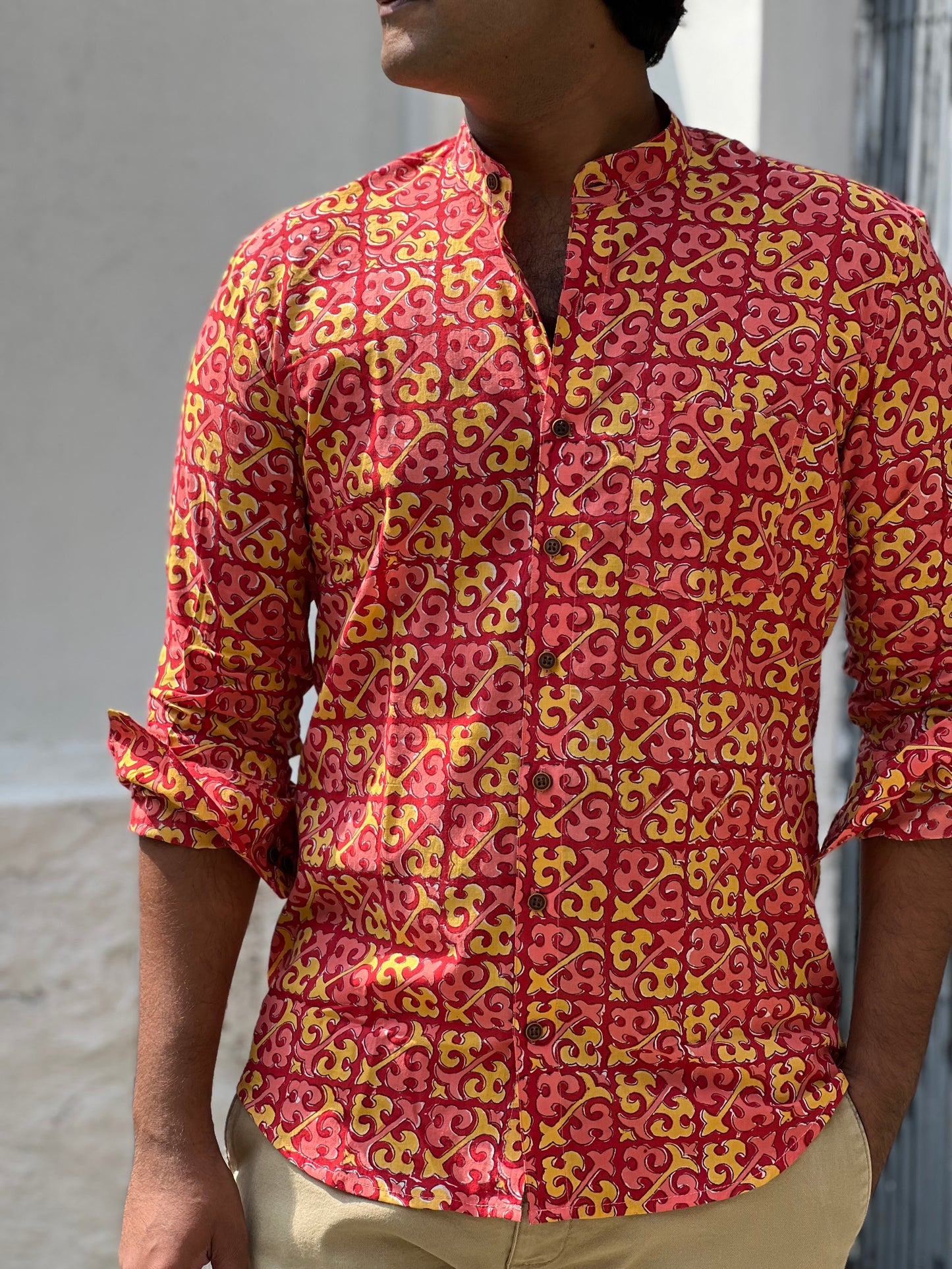 Southloom Jaipur Cotton Red and Yellow Hand Block Printed Shirt (Full Sleeves)