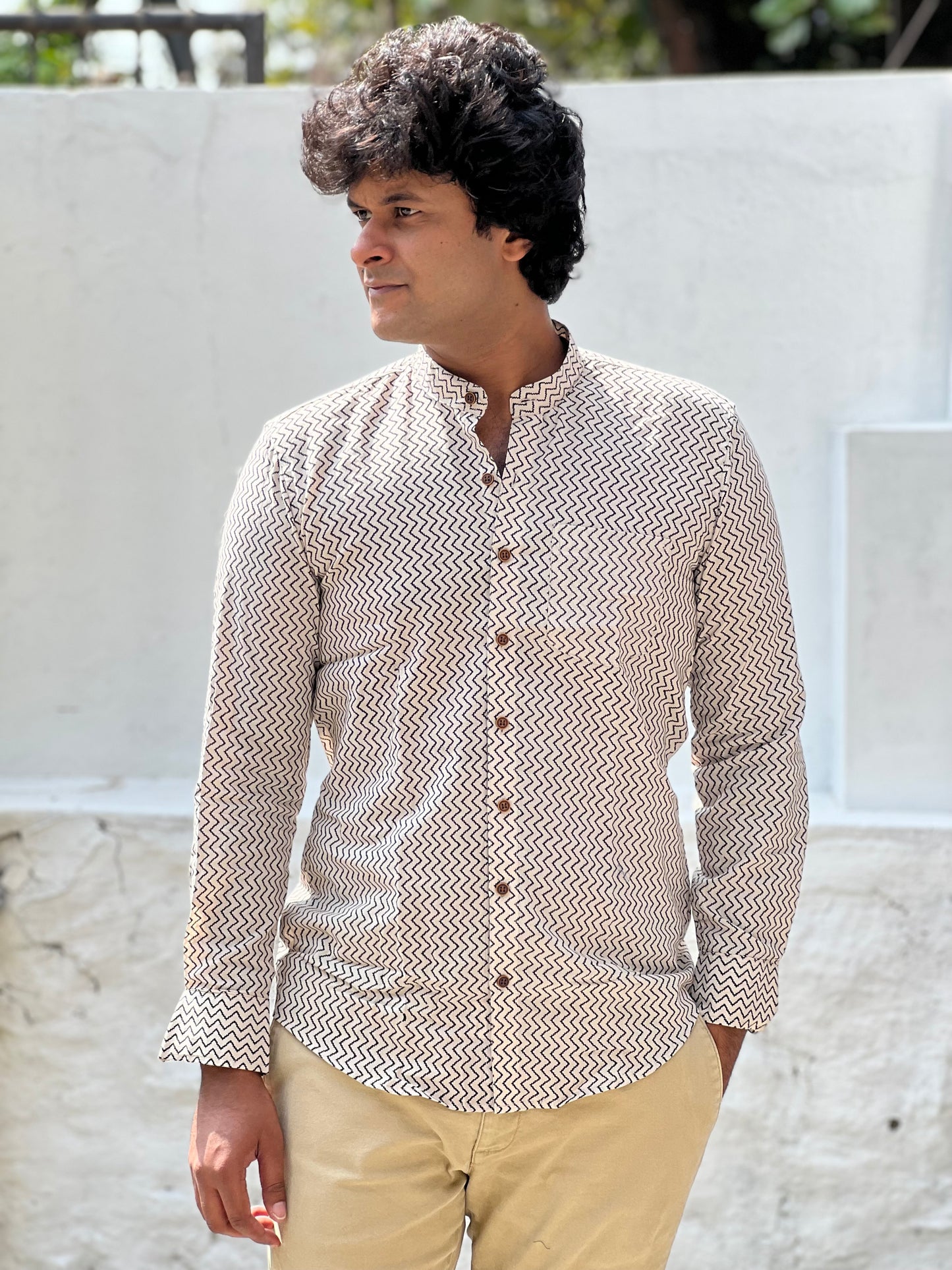 Southloom Jaipur Cotton Off White Hand Block Printed Shirt (Full Sleeves)