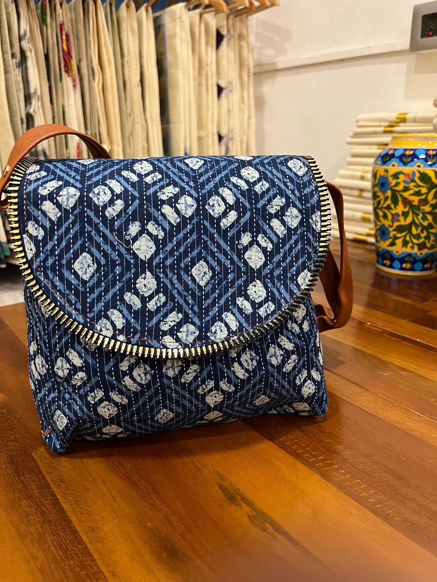 Southloom™ Handmade Printed Design Blue Sling Bag with Leatherette