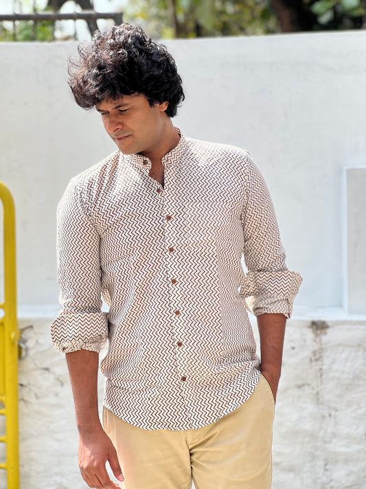 Southloom Jaipur Cotton Off White Hand Block Printed Shirt (Full Sleeves)