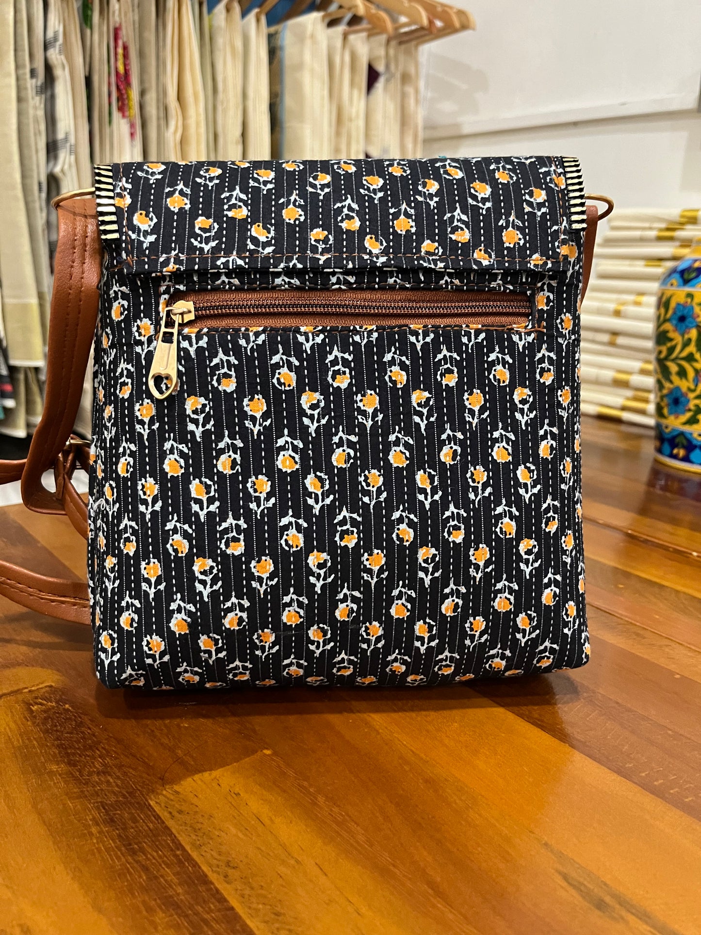 Southloom™ Handmade Floral Printed Black Sling Bag with Leatherette