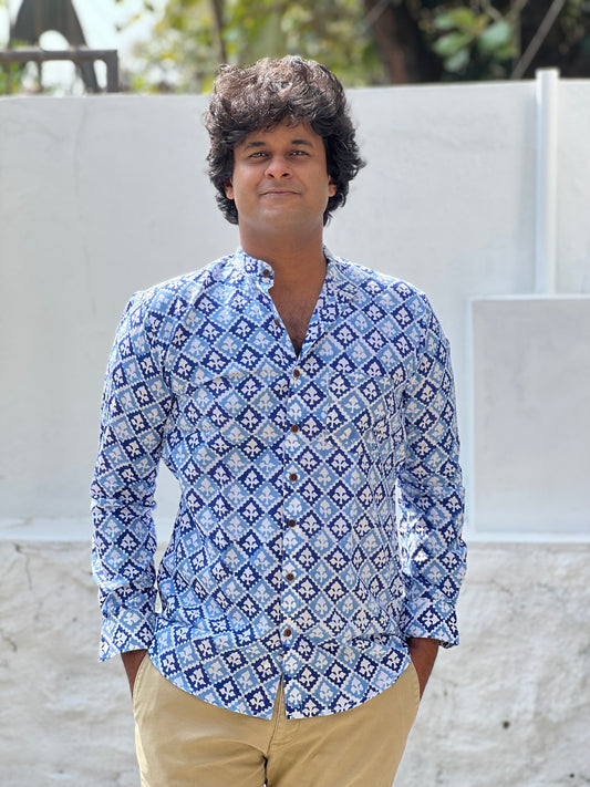 Southloom Jaipur Cotton Blue Hand Block Printed Shirt (Full Sleeves)