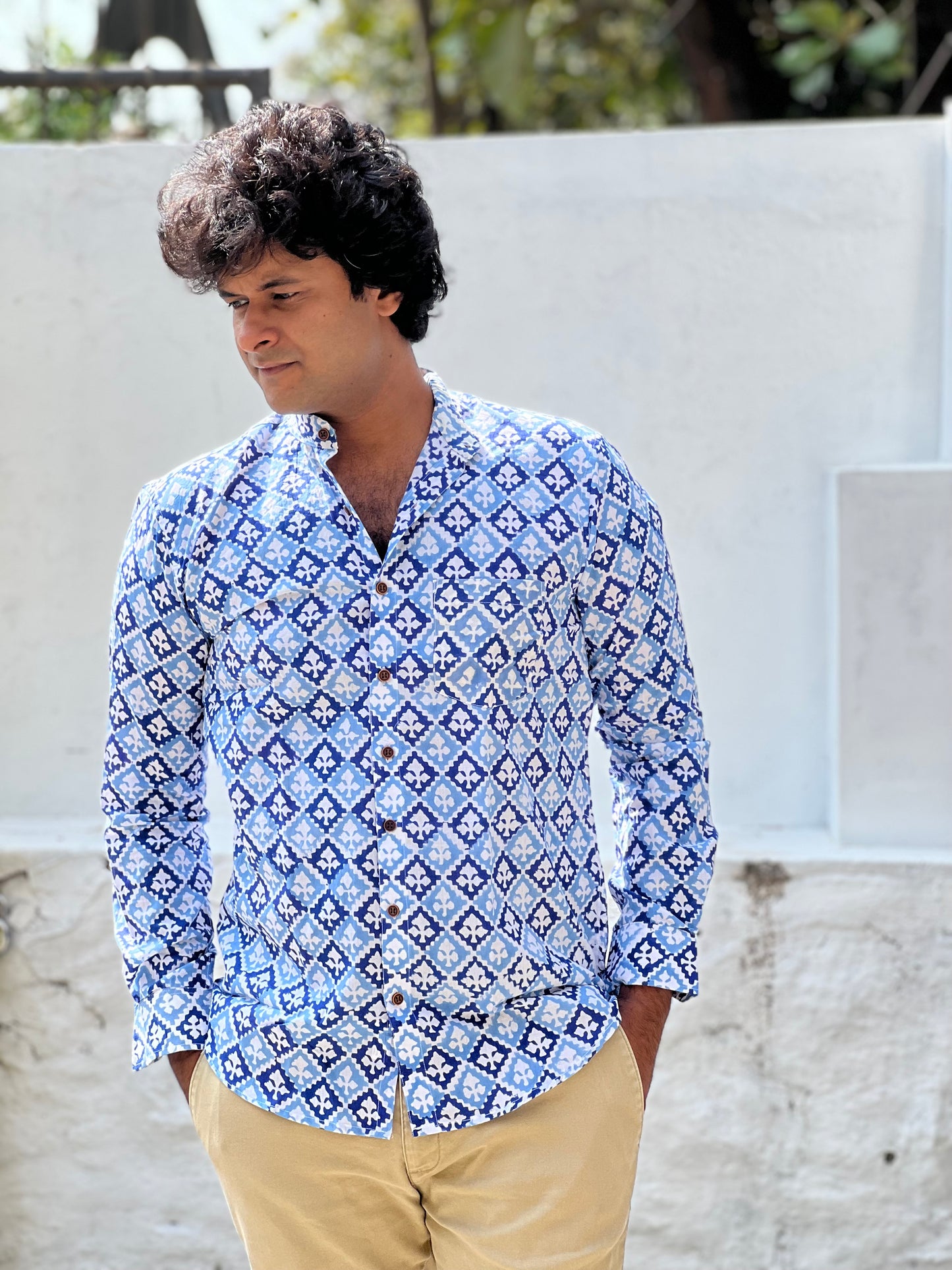 Southloom Jaipur Cotton Blue Hand Block Printed Shirt (Full Sleeves)