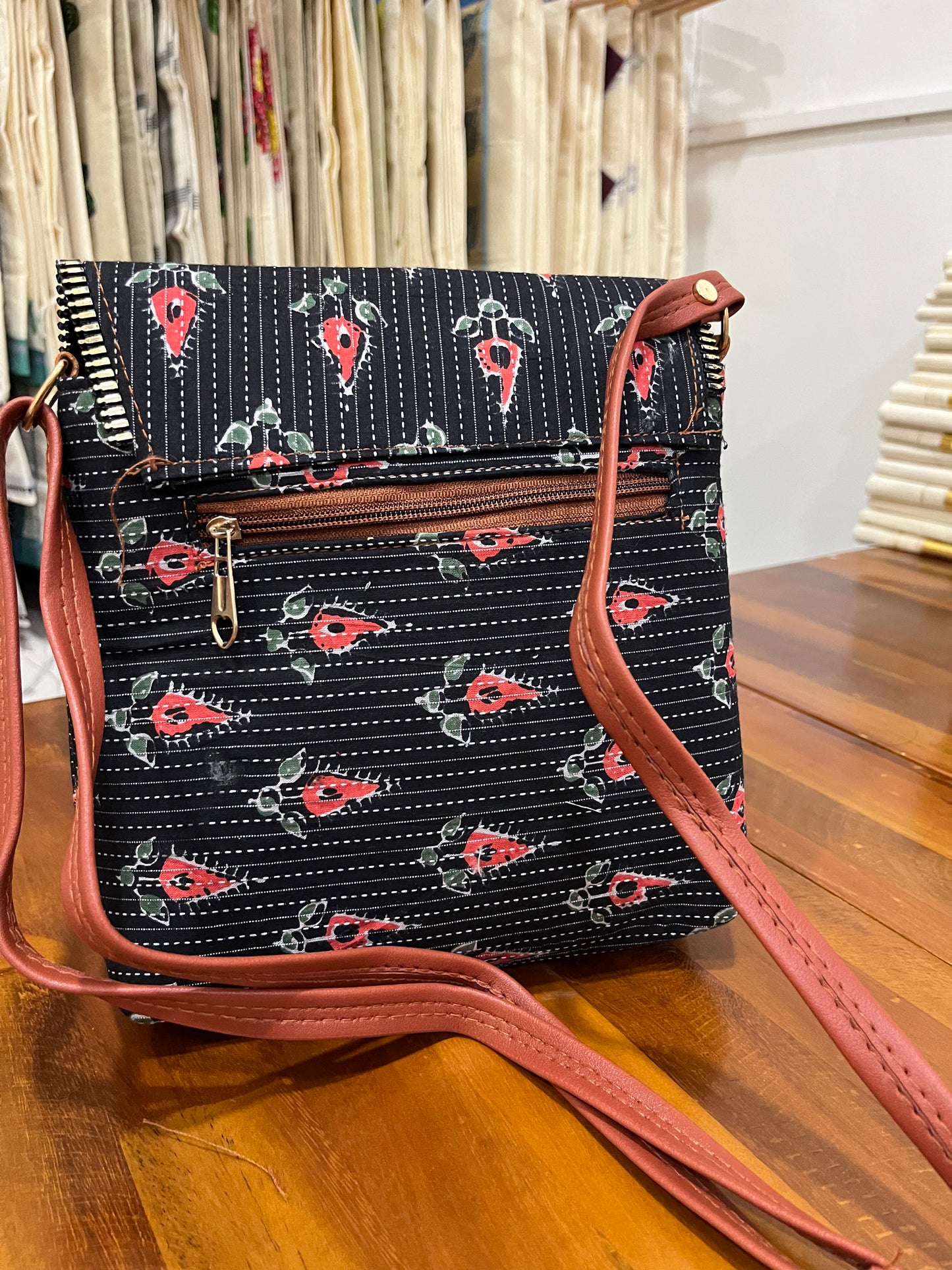 Southloom™ Handmade Floral Printed Black Sling Bag with Leatherette