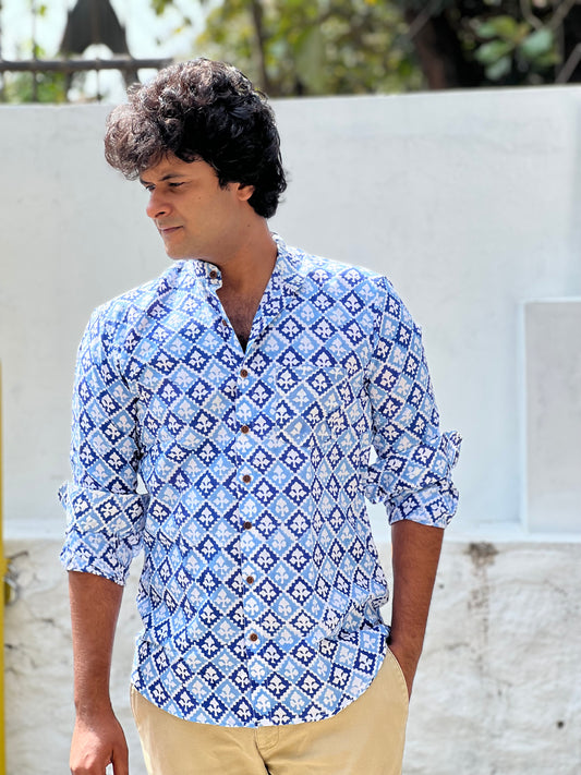 Southloom Jaipur Cotton Blue Hand Block Printed Shirt (Full Sleeves)