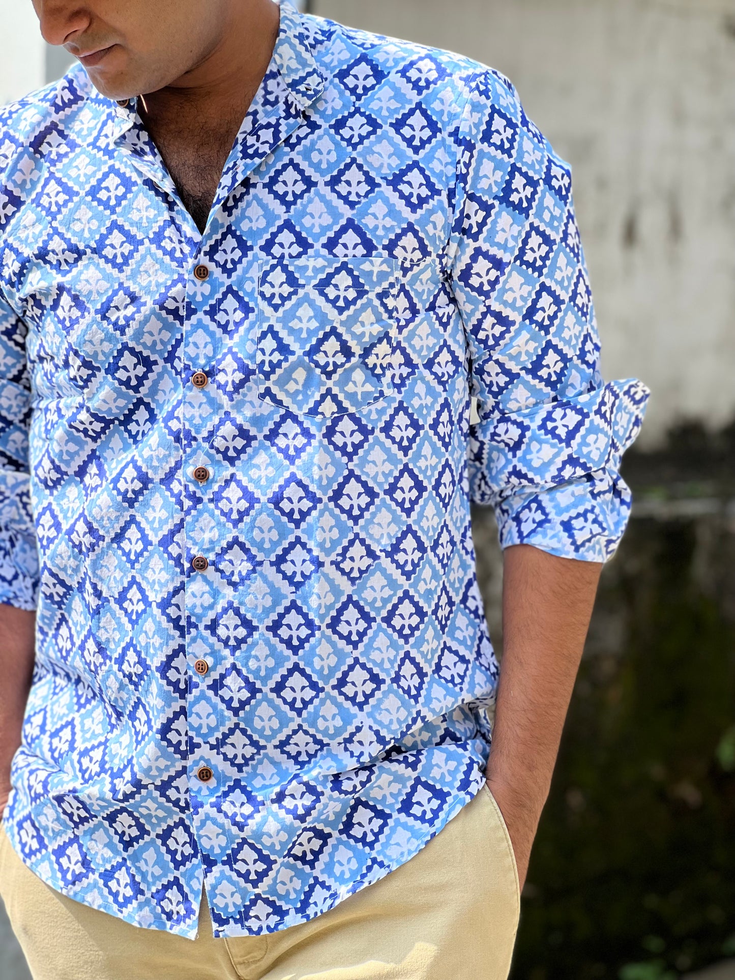 Southloom Jaipur Cotton Blue Hand Block Printed Shirt (Full Sleeves)