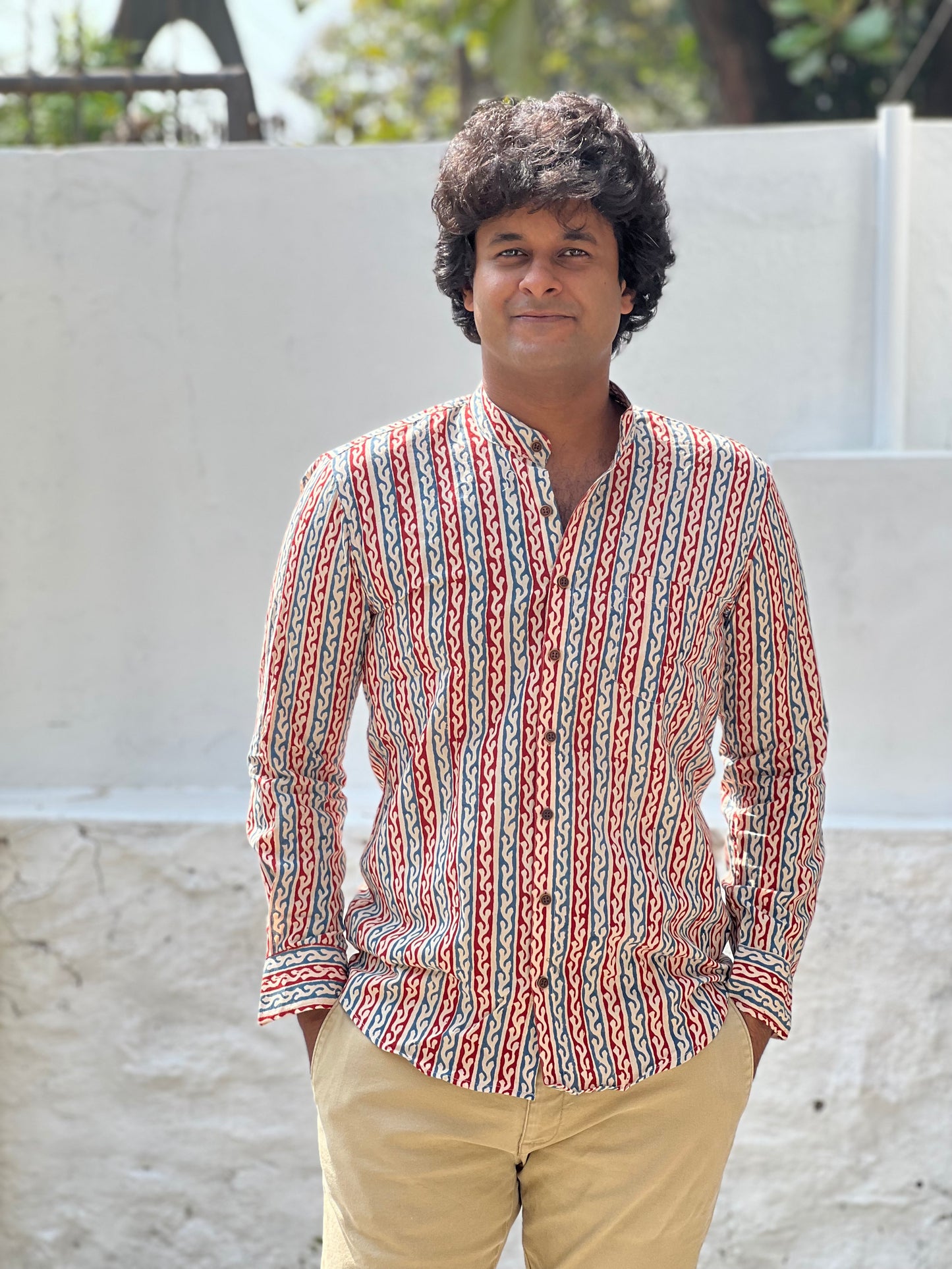 Southloom Jaipur Cotton Blue and Brick Hand Block Printed Shirt (Full Sleeves)