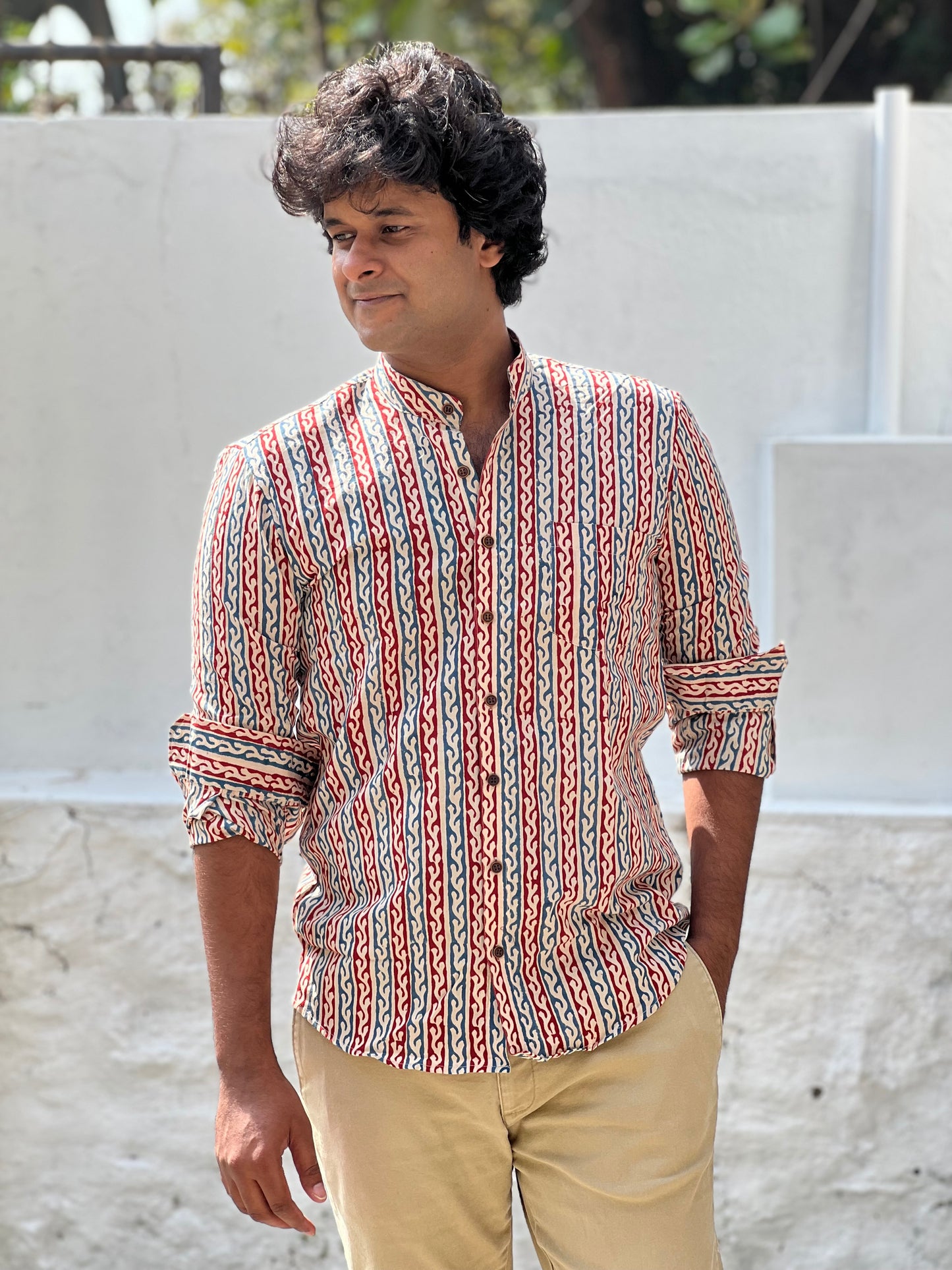 Southloom Jaipur Cotton Blue and Brick Hand Block Printed Shirt (Full Sleeves)