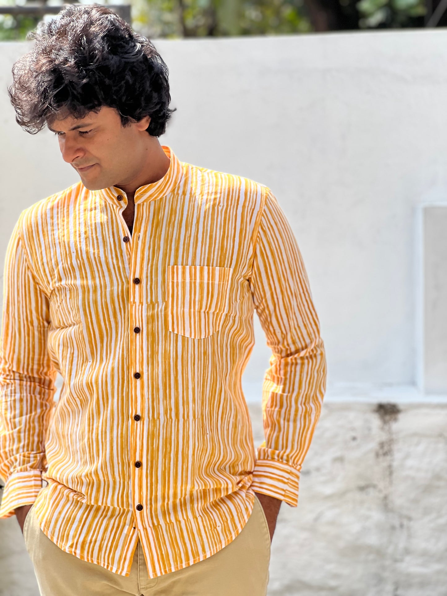 Southloom Jaipur Cotton Yellow Hand Block Printed Shirt (Full Sleeves)
