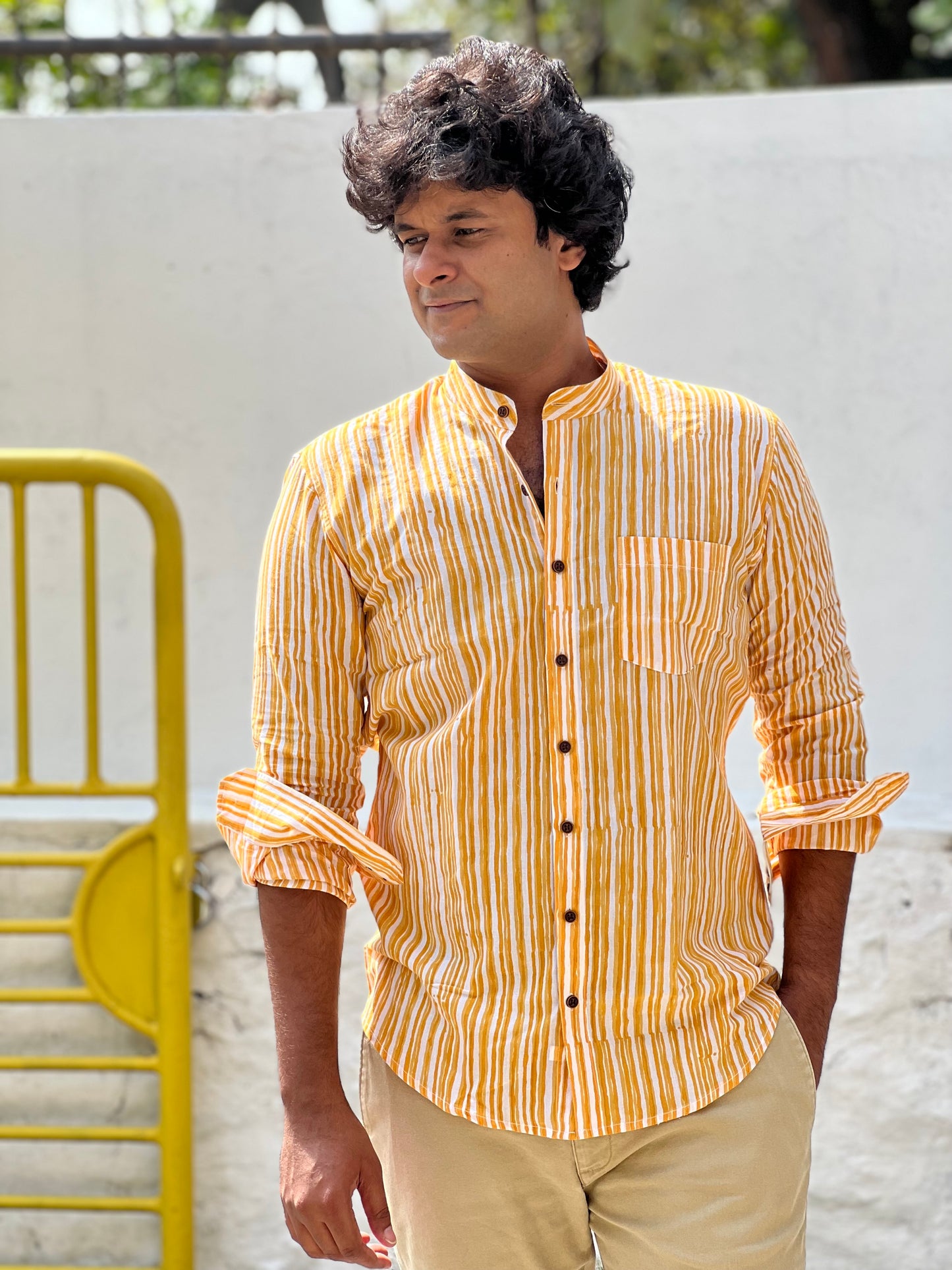 Southloom Jaipur Cotton Yellow Hand Block Printed Shirt (Full Sleeves)