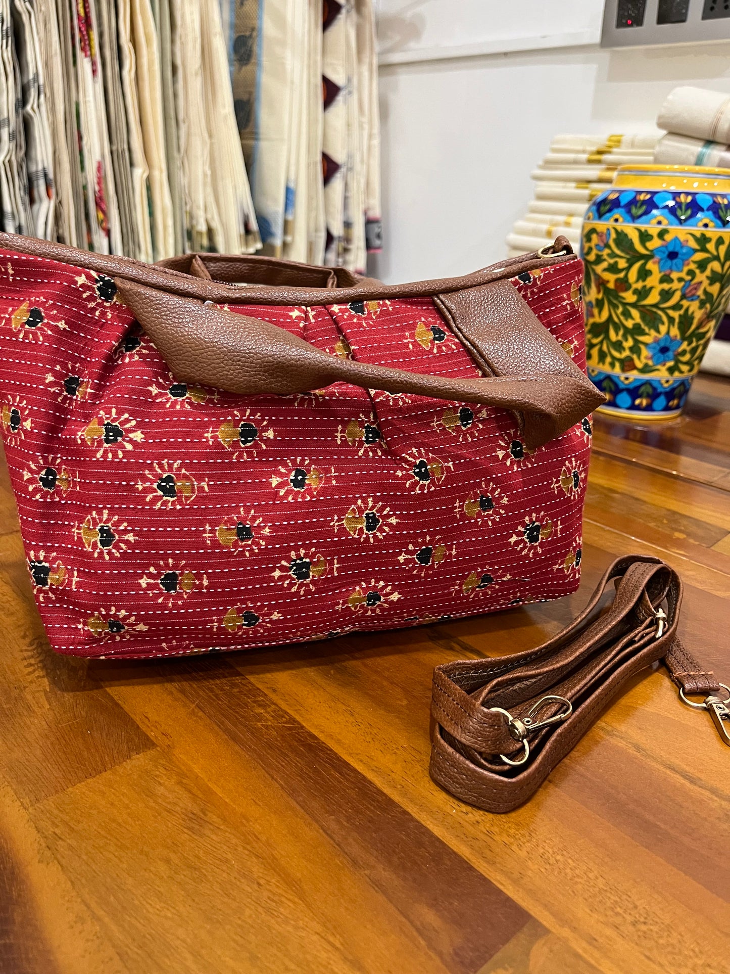 Southloom™ Handmade Floral Printed Design Red Sling Bag with Leatherette