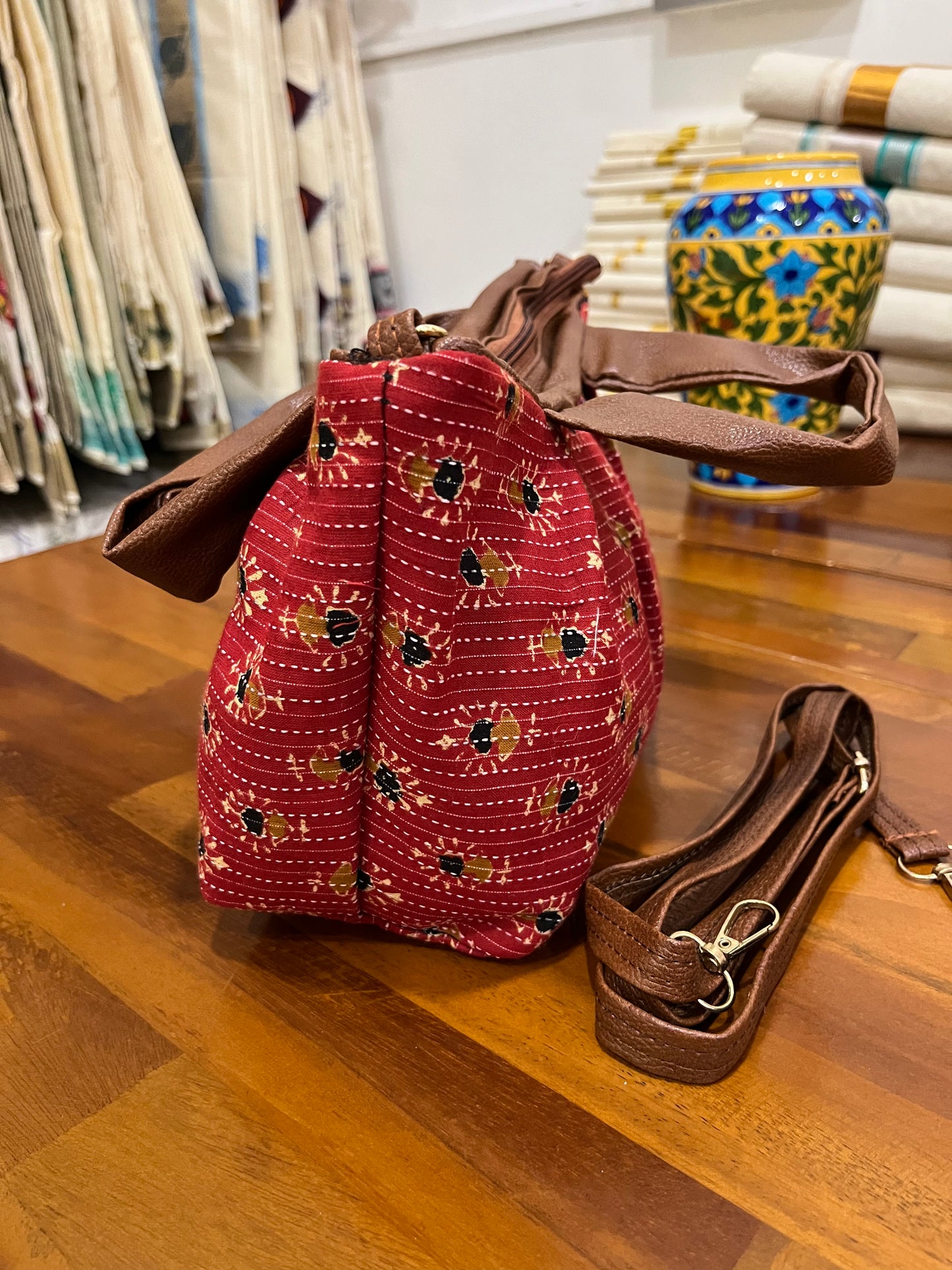 Southloom™ Handmade Floral Printed Design Red Sling Bag with Leatherette