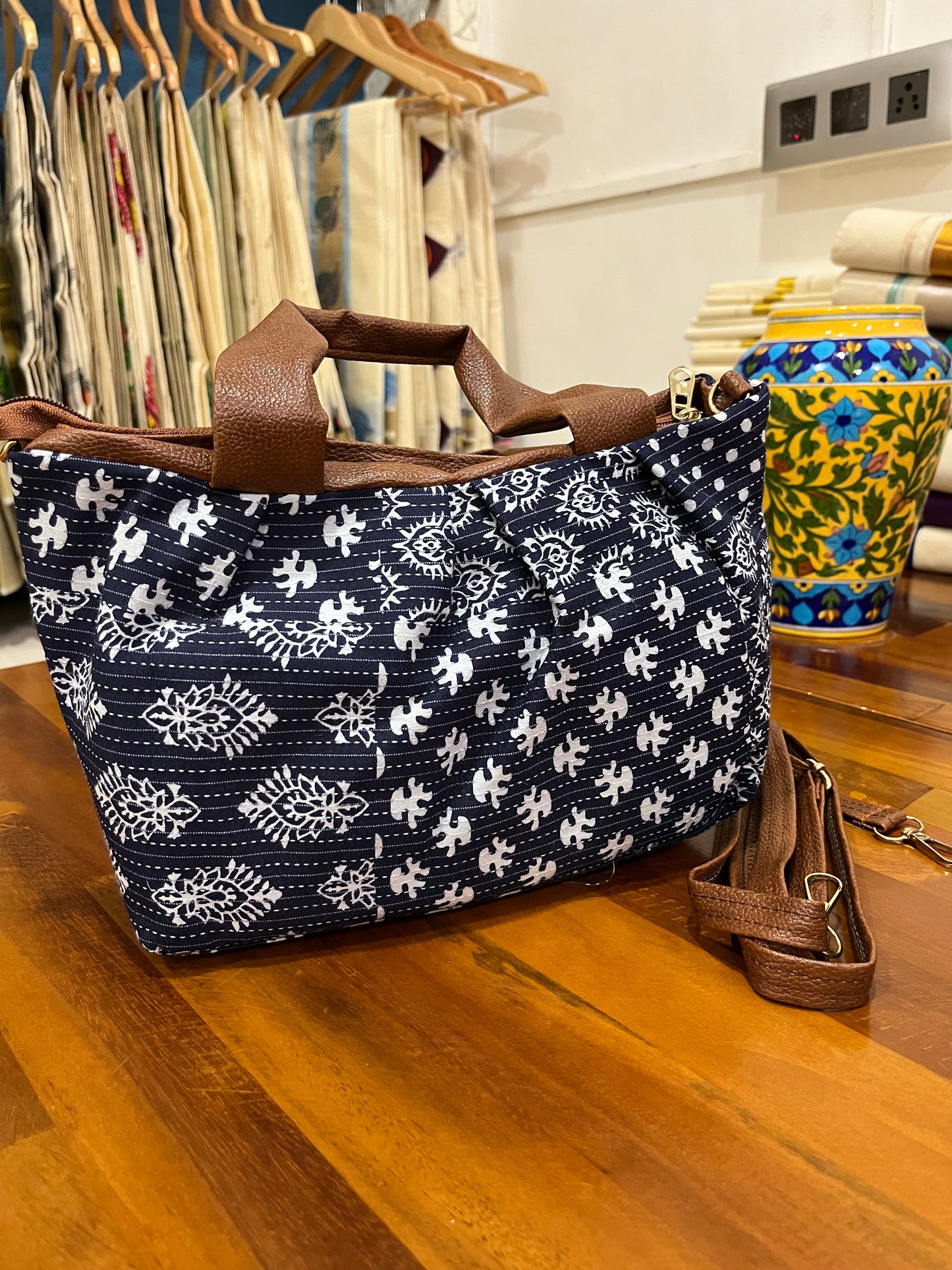 Southloom™ Handmade Printed Design Blue Sling Bag with Leatherette