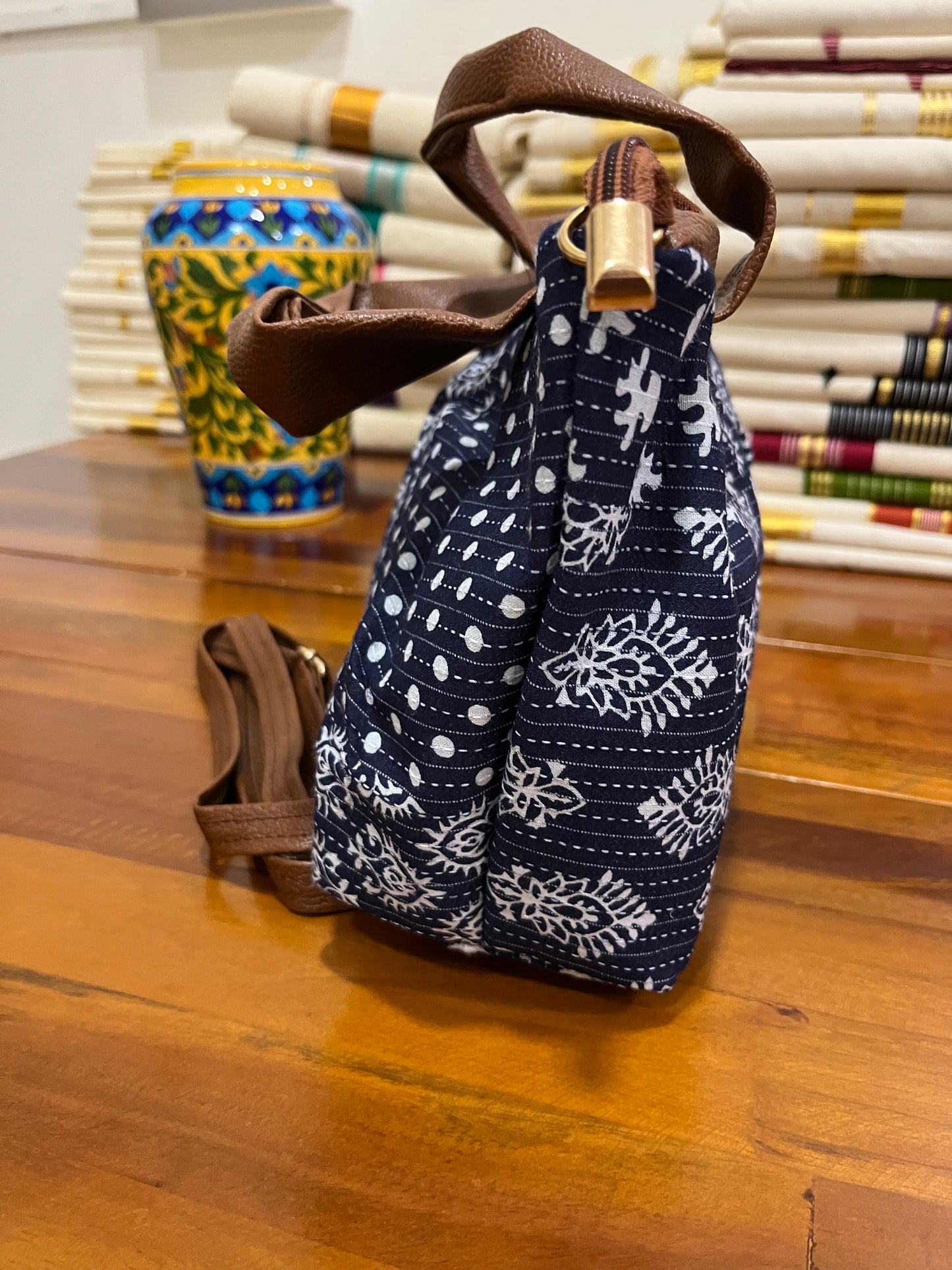 Southloom™ Handmade Printed Design Blue Sling Bag with Leatherette