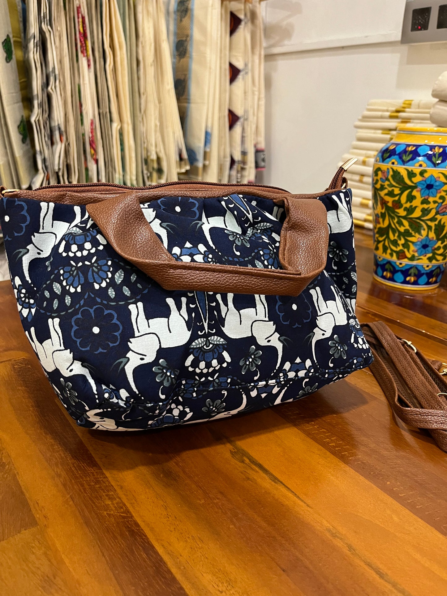 Southloom™ Handmade Elephant Printed Blue Sling Bag with Leatherette