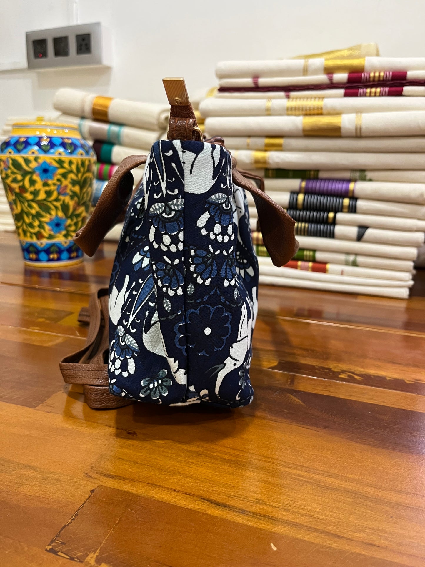 Southloom™ Handmade Elephant Printed Blue Sling Bag with Leatherette