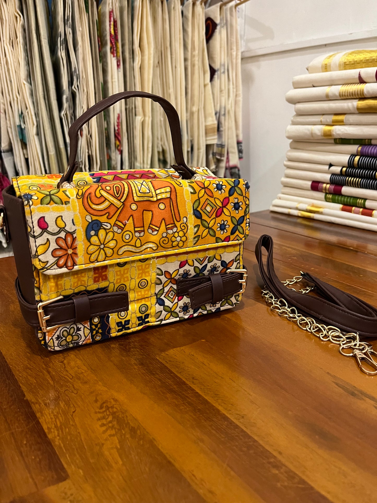 Southloom™ Handmade Elephant Multi Colour Printed Boxy Sling Bag with Leatherette