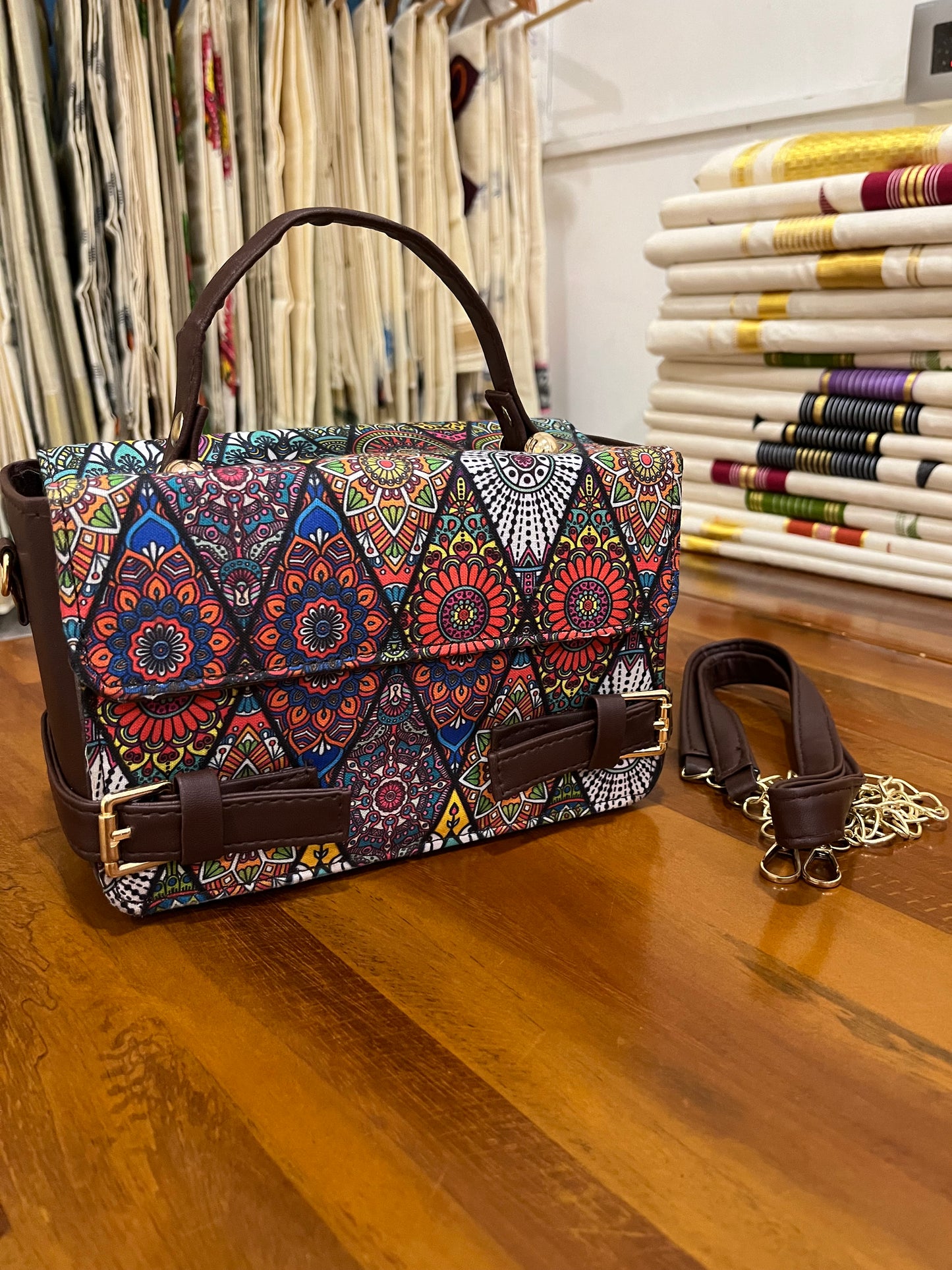 Southloom™ Handmade Multi Colour Printed Boxy Sling Bag with Leatherette