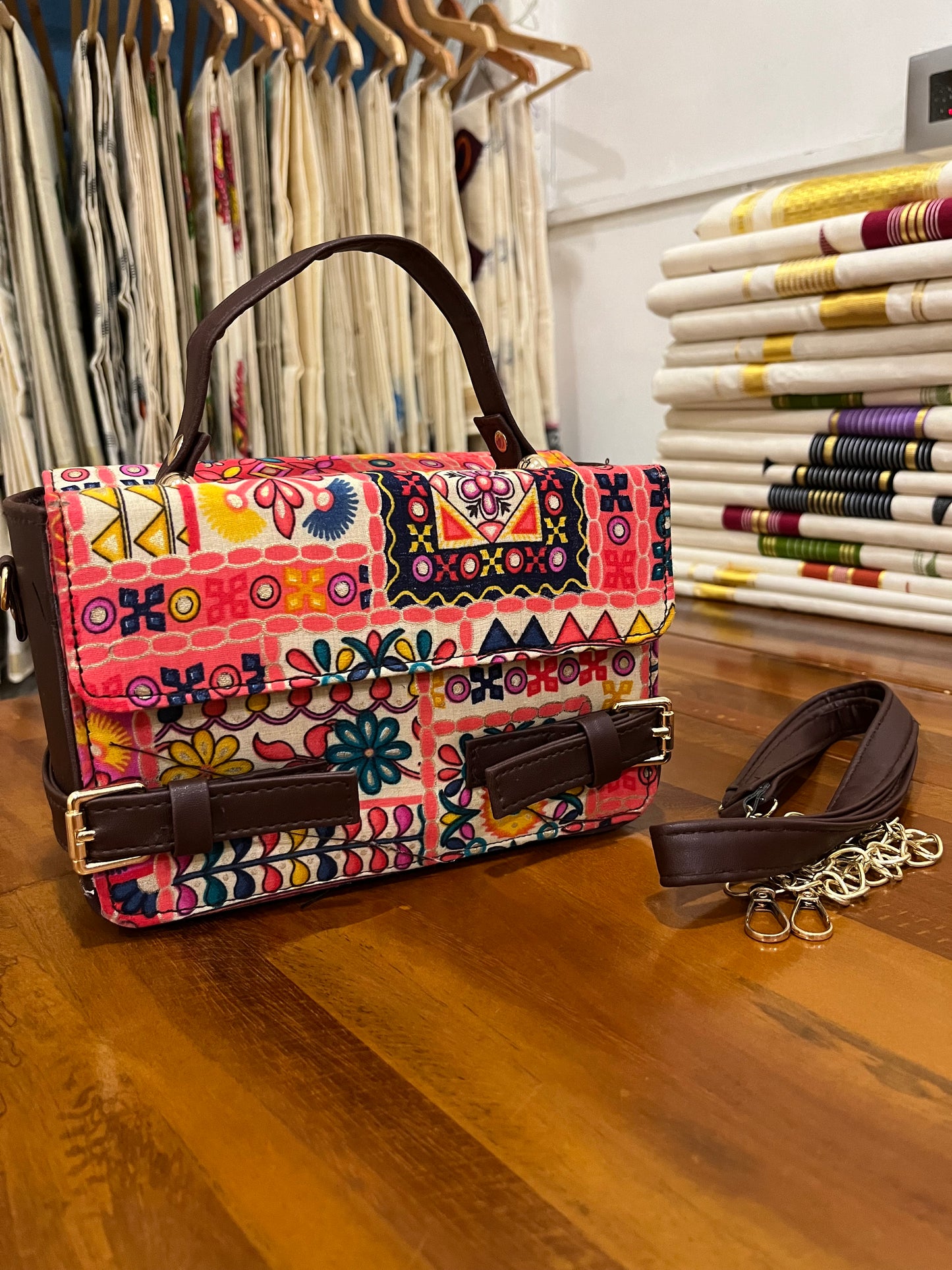 Southloom™ Handmade Multi Colour Printed Boxy Sling Bag with Leatherette