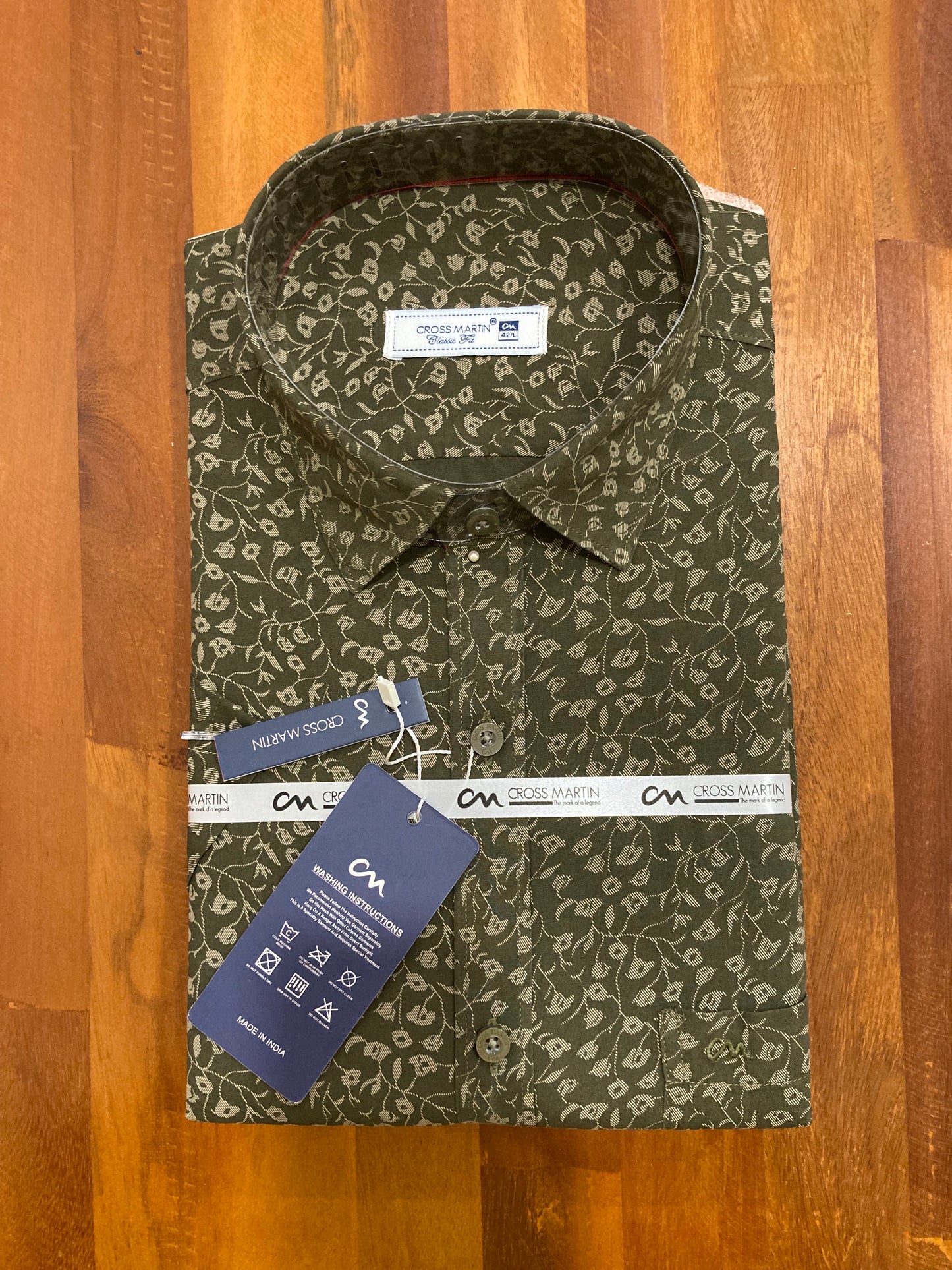 Pure Cotton Olive Green Printed Shirt (42 HS)