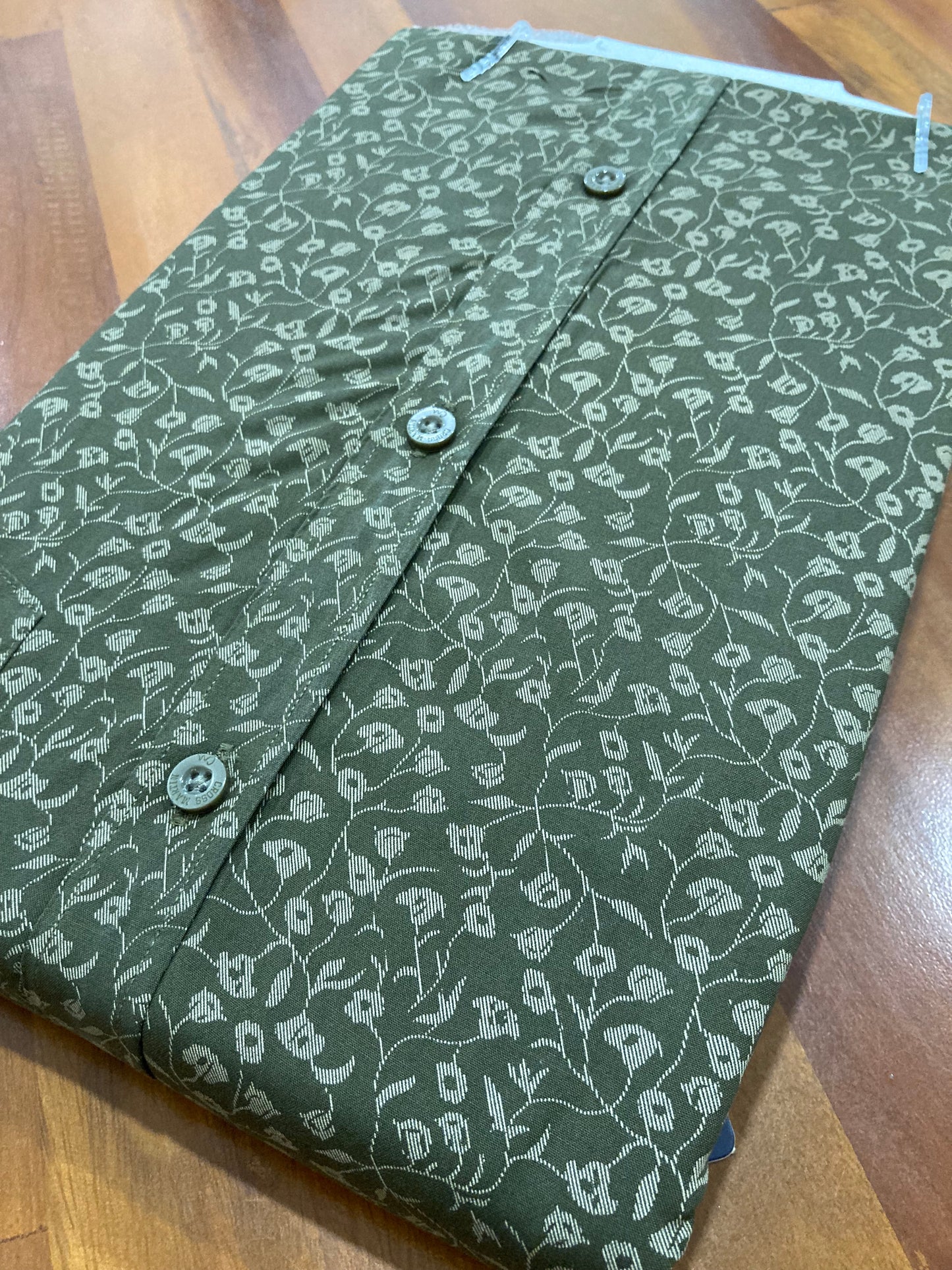 Pure Cotton Olive Green Printed Shirt (42 HS)