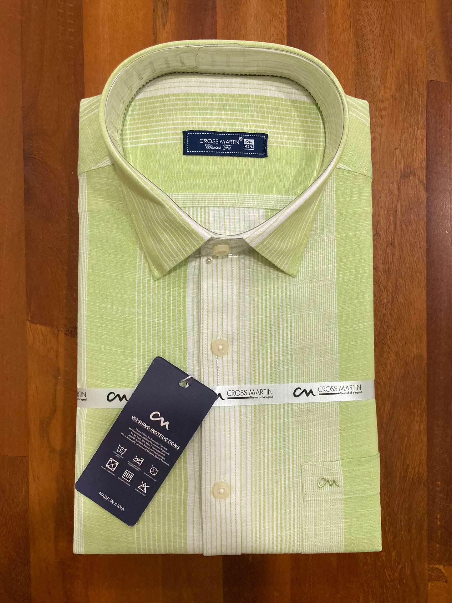 Pure Cotton White Lined Light Green Shirt (42 FS)