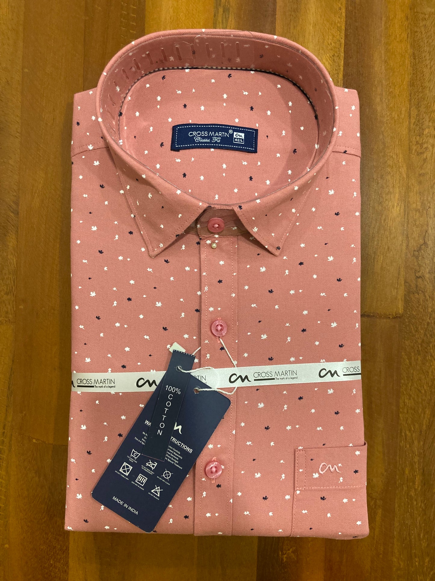 Pure Cotton Salmon Pink Printed Shirt (42 FS)