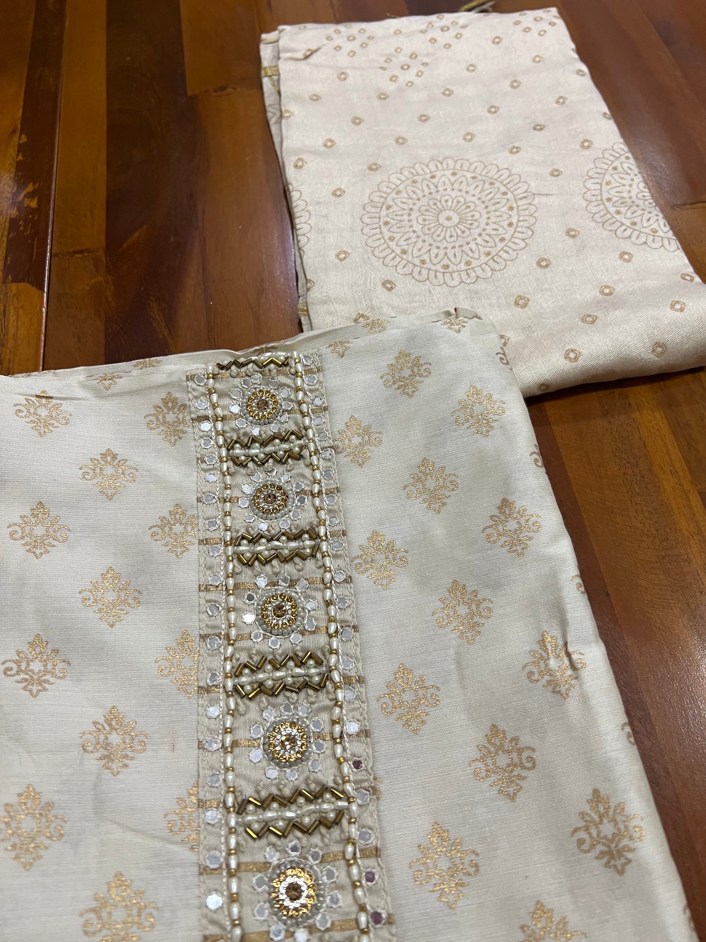 Southloom™ Semi Silk Churidar Salwar Suit Material in Beige with Golden Block work