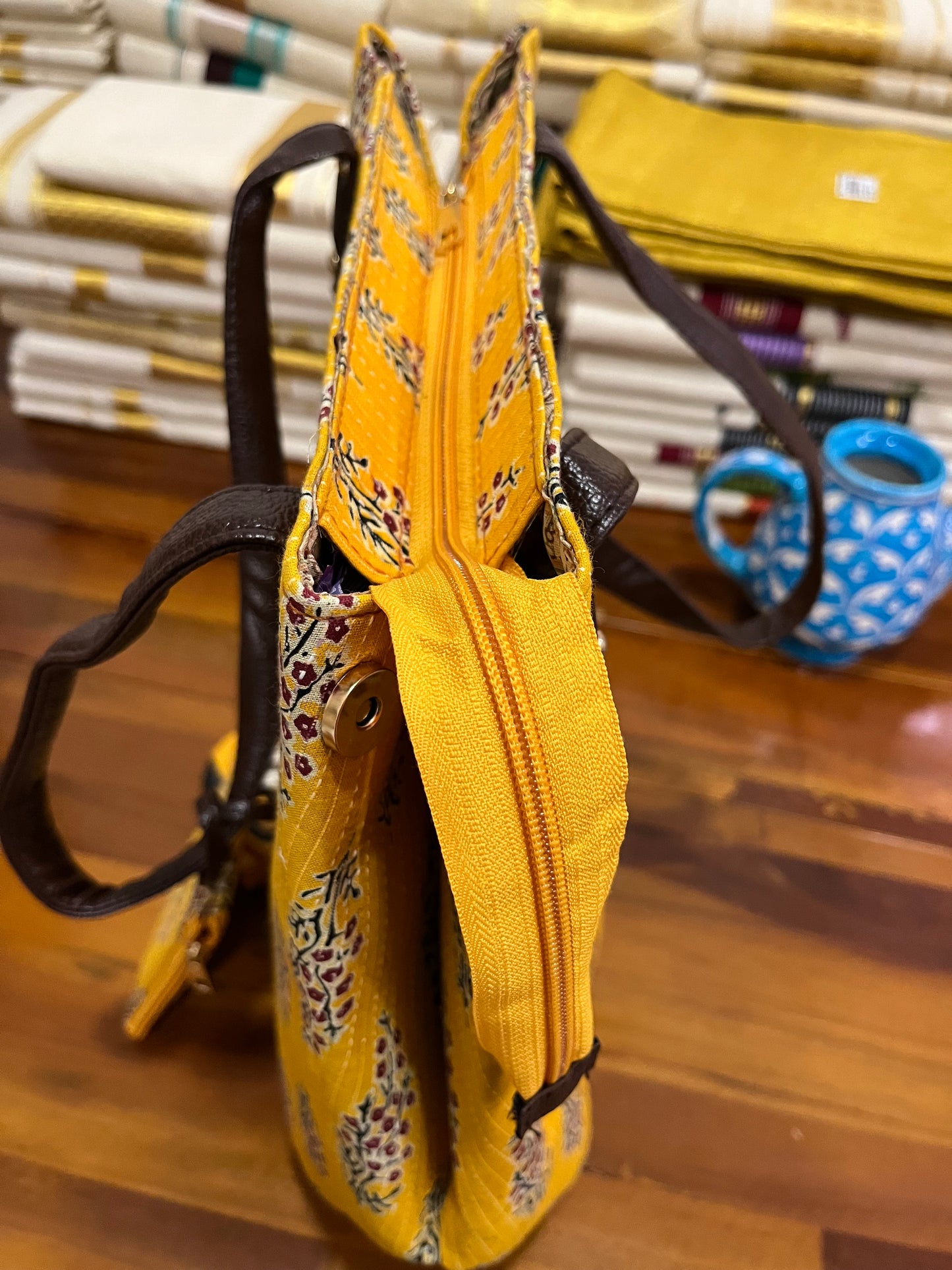 Southloom™ Handmade Sling Bag with Floral Printed Design Jute Cloth and Leatherette - Include 1 Small Pouch