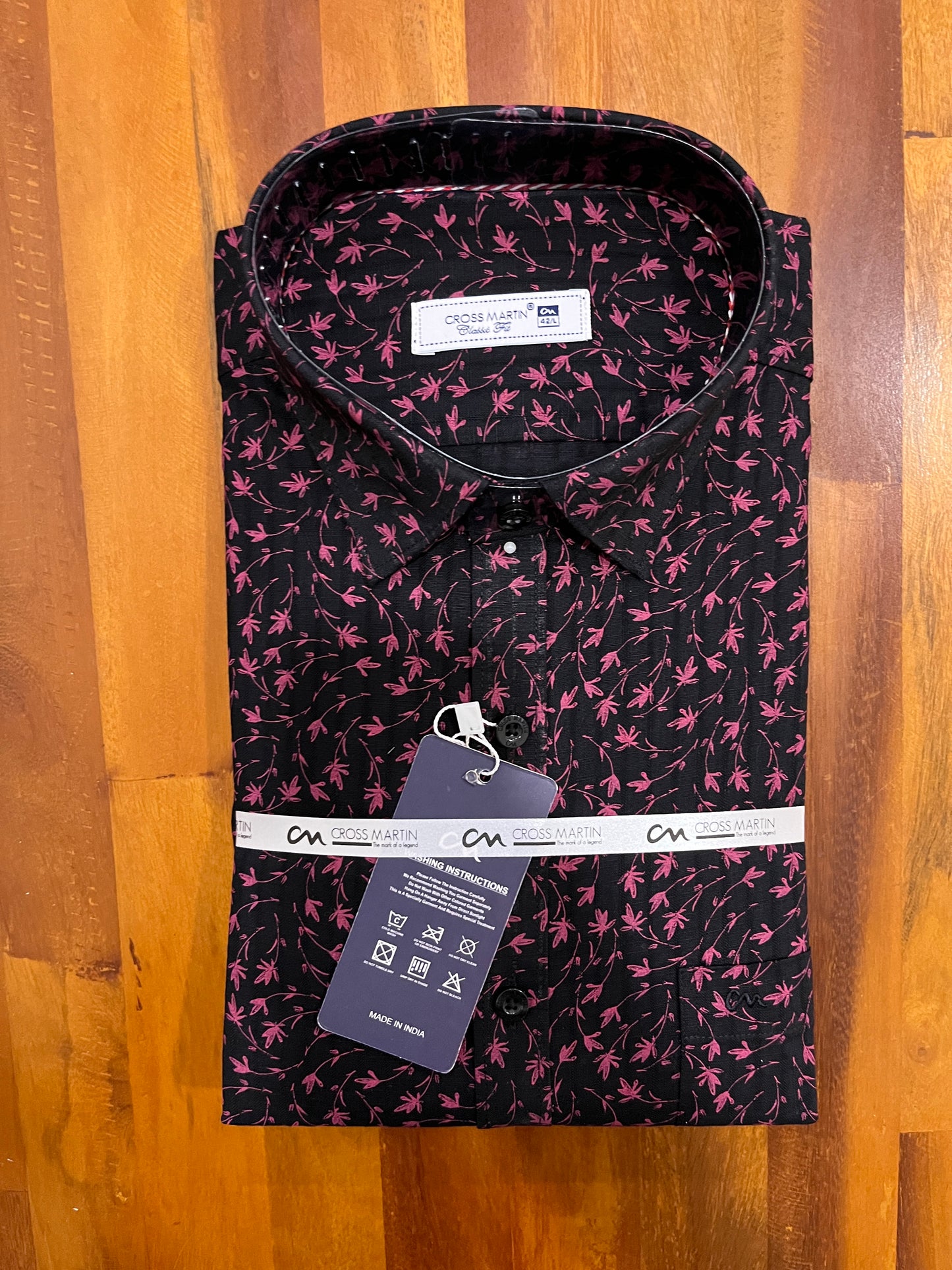 Pure Cotton Black With Red Floral Printed Shirt (42 FS)