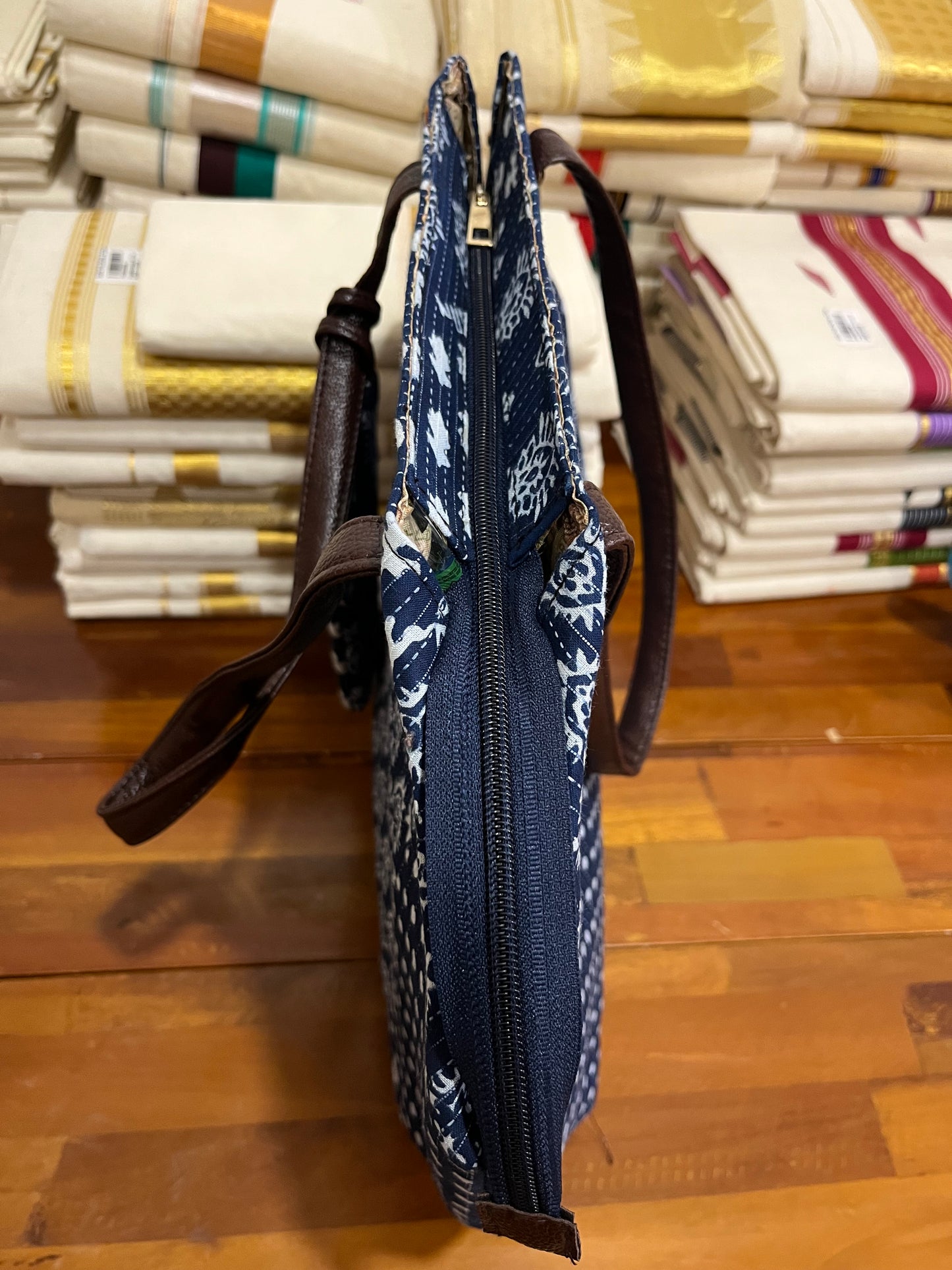 Southloom™ Handmade Printed Design Blue Sling Bag with Leatherette - Include 1 Small Pouch