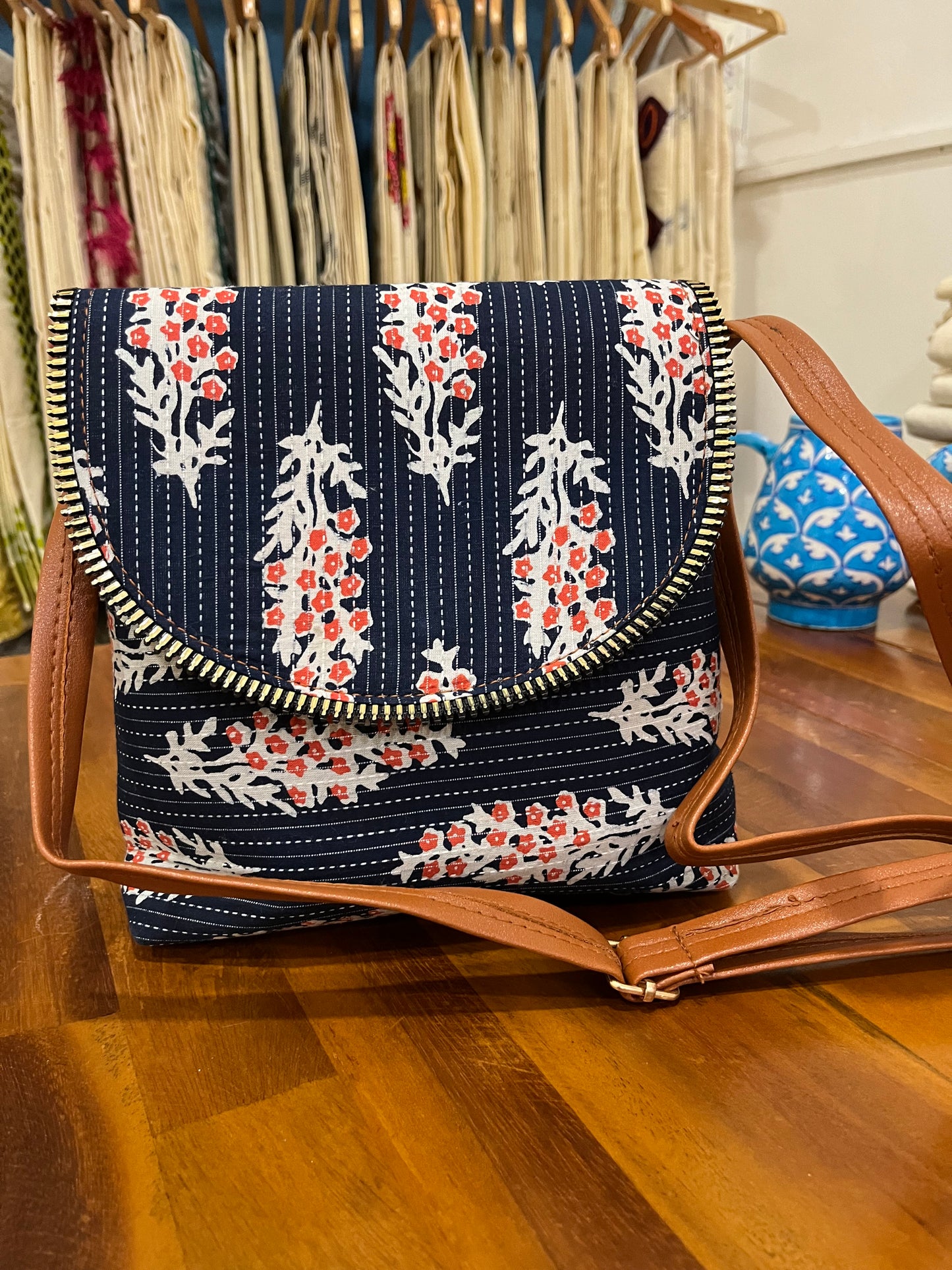 Southloom™ Handmade Floral Printed Blue Sling Bag with Leatherette