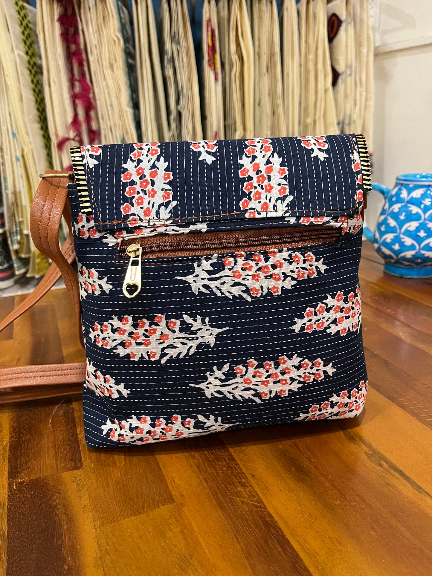 Southloom™ Handmade Floral Printed Blue Sling Bag with Leatherette