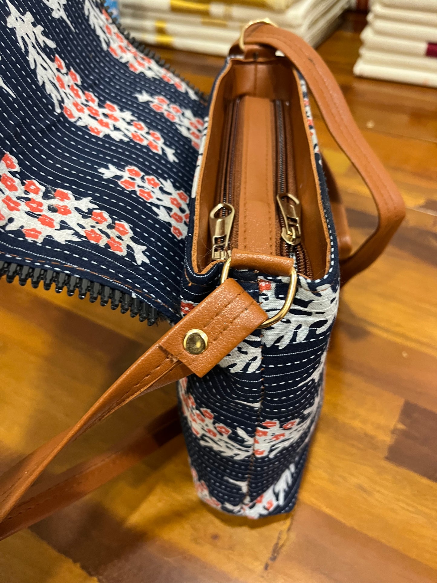 Southloom™ Handmade Floral Printed Blue Sling Bag with Leatherette