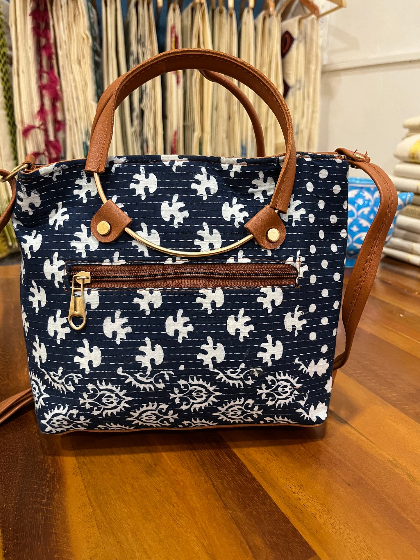 Southloom™ Handmade Printed Design Blue Sling Bag with Leatherette