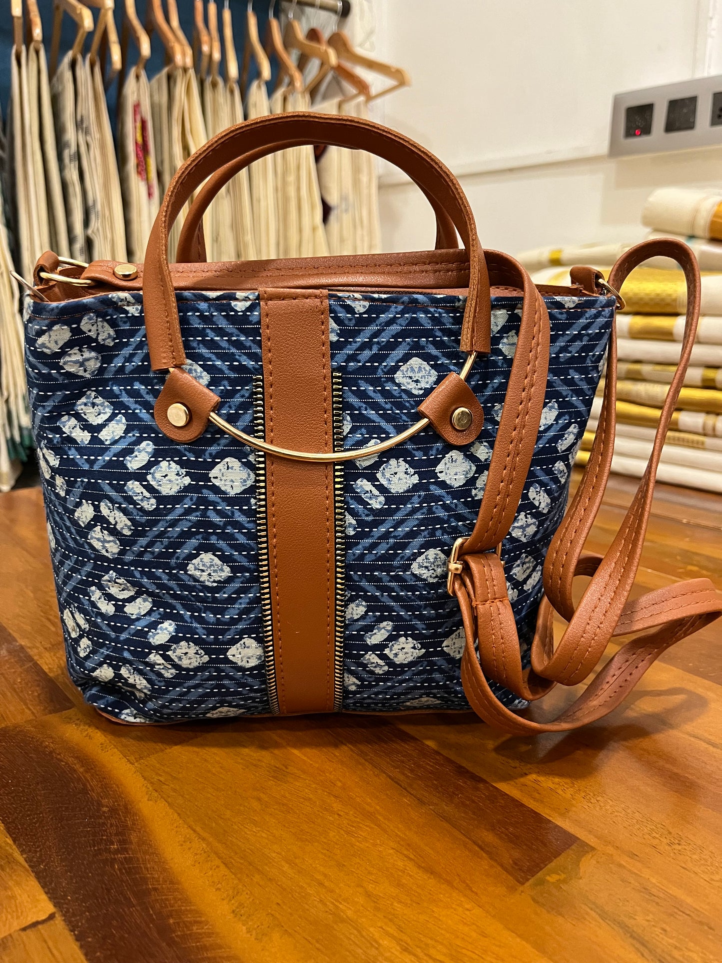 Southloom™ Handmade Printed Design Blue Sling Bag with Leatherette