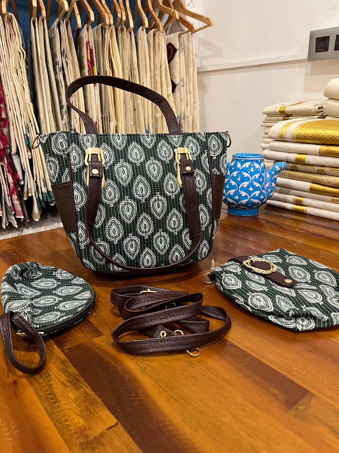 Southloom™ Handmade Printed Design Green Sling Bag with Leatherette - Include 2 Small Pouch