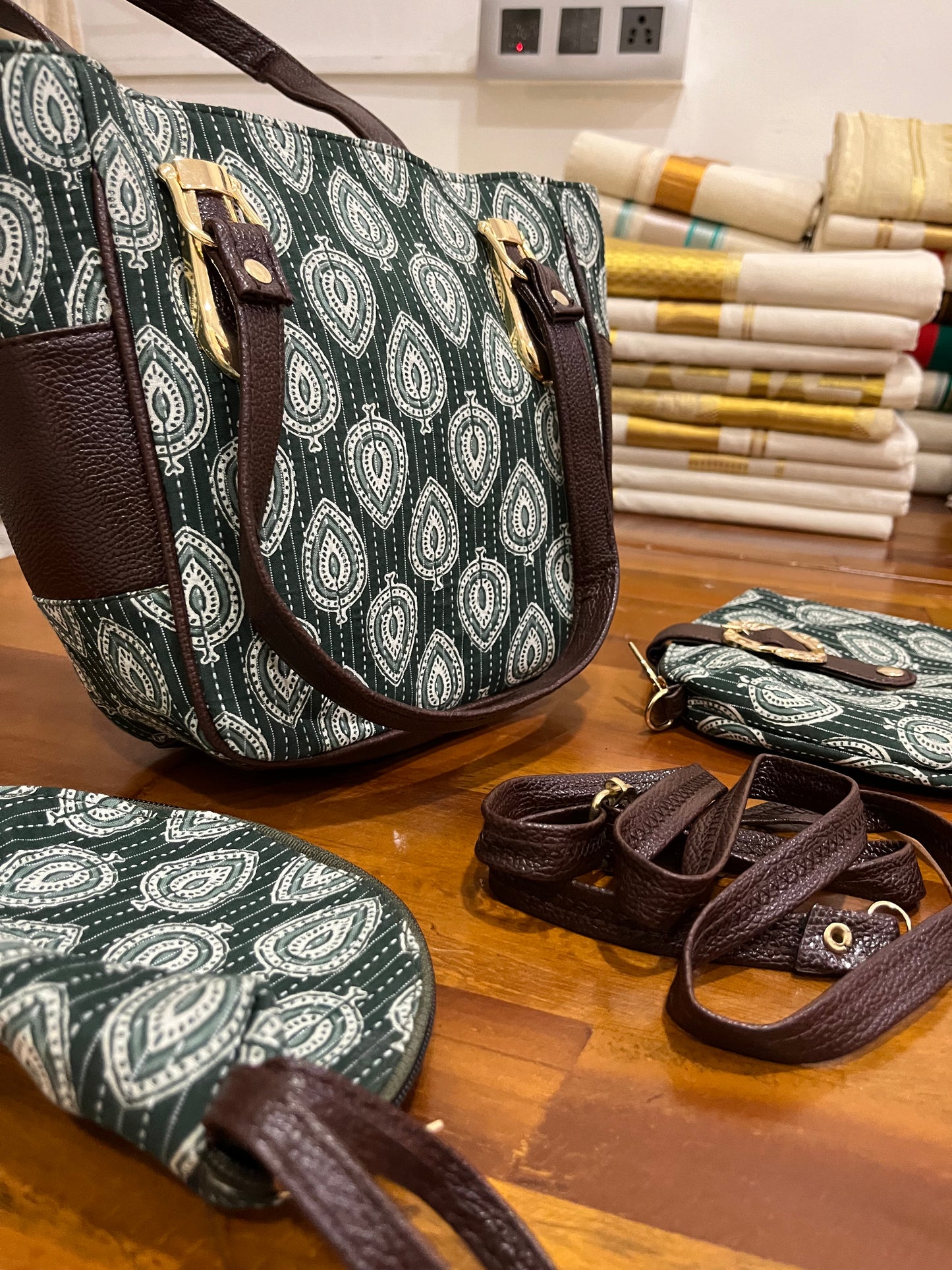 Southloom™ Handmade Printed Design Green Sling Bag with Leatherette - Include 2 Small Pouch