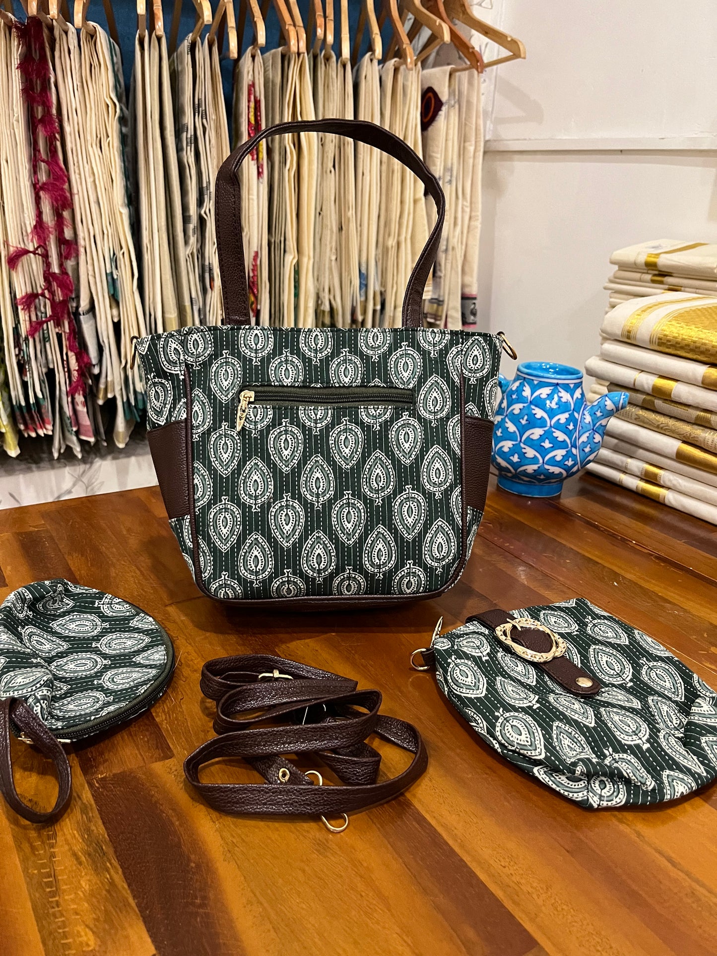 Southloom™ Handmade Printed Design Green Sling Bag with Leatherette - Include 2 Small Pouch