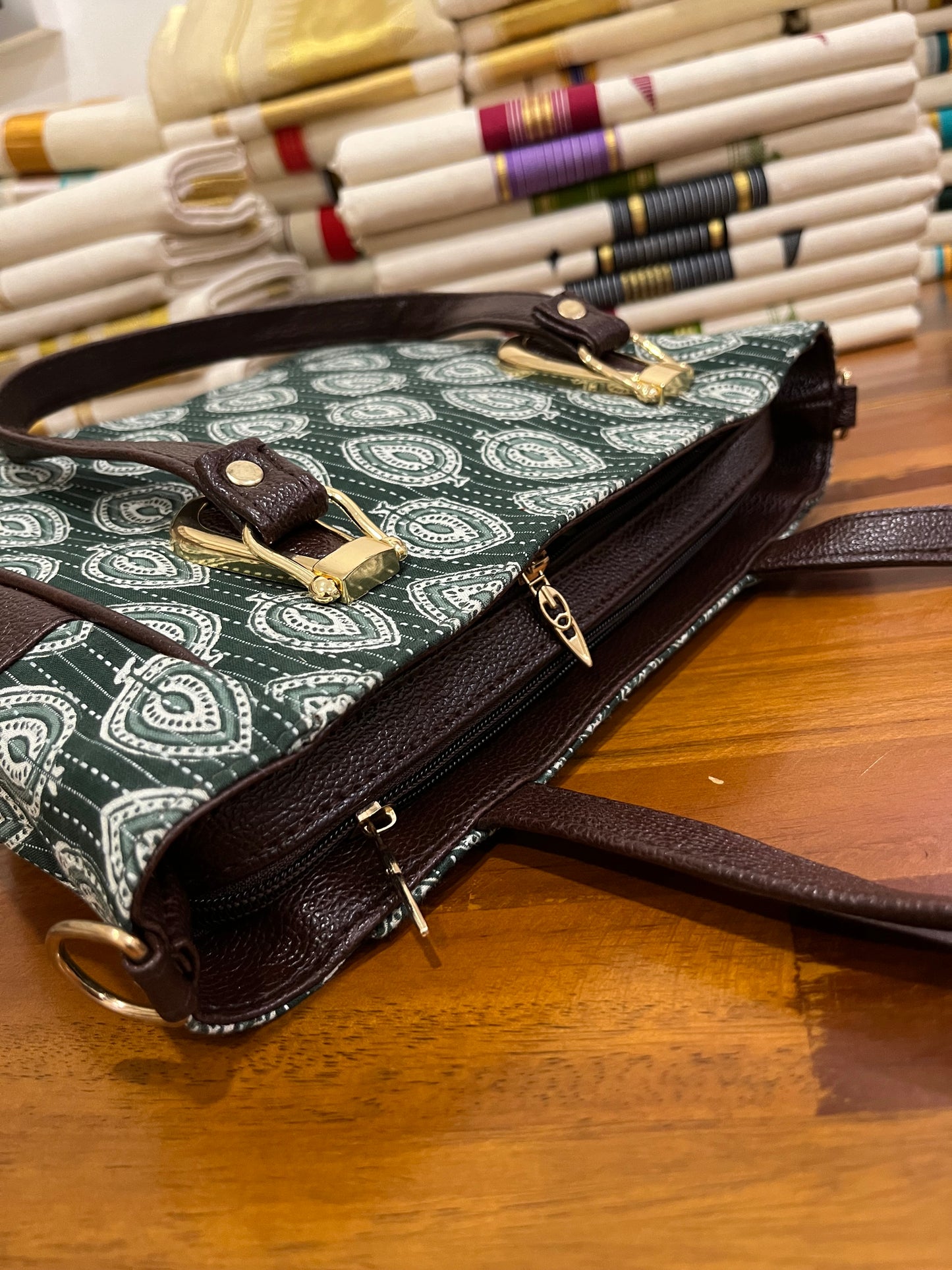 Southloom™ Handmade Printed Design Green Sling Bag with Leatherette - Include 2 Small Pouch