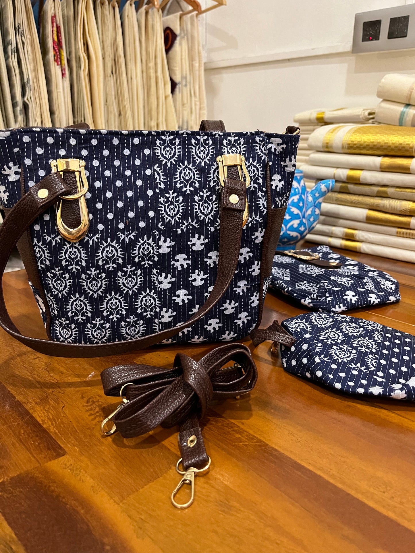 Southloom™ Handmade Printed Design Blue Sling Bag with Leatherette - Include 2 Small Pouch