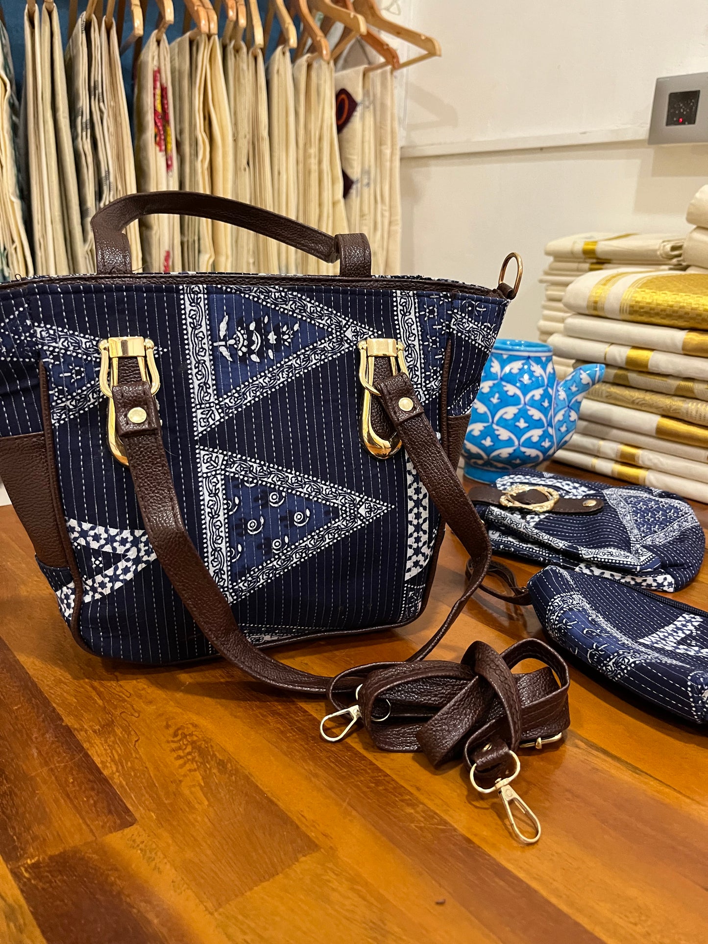 Southloom™ Handmade Printed Design Blue Sling Bag with Leatherette - Include 2 Small Pouch