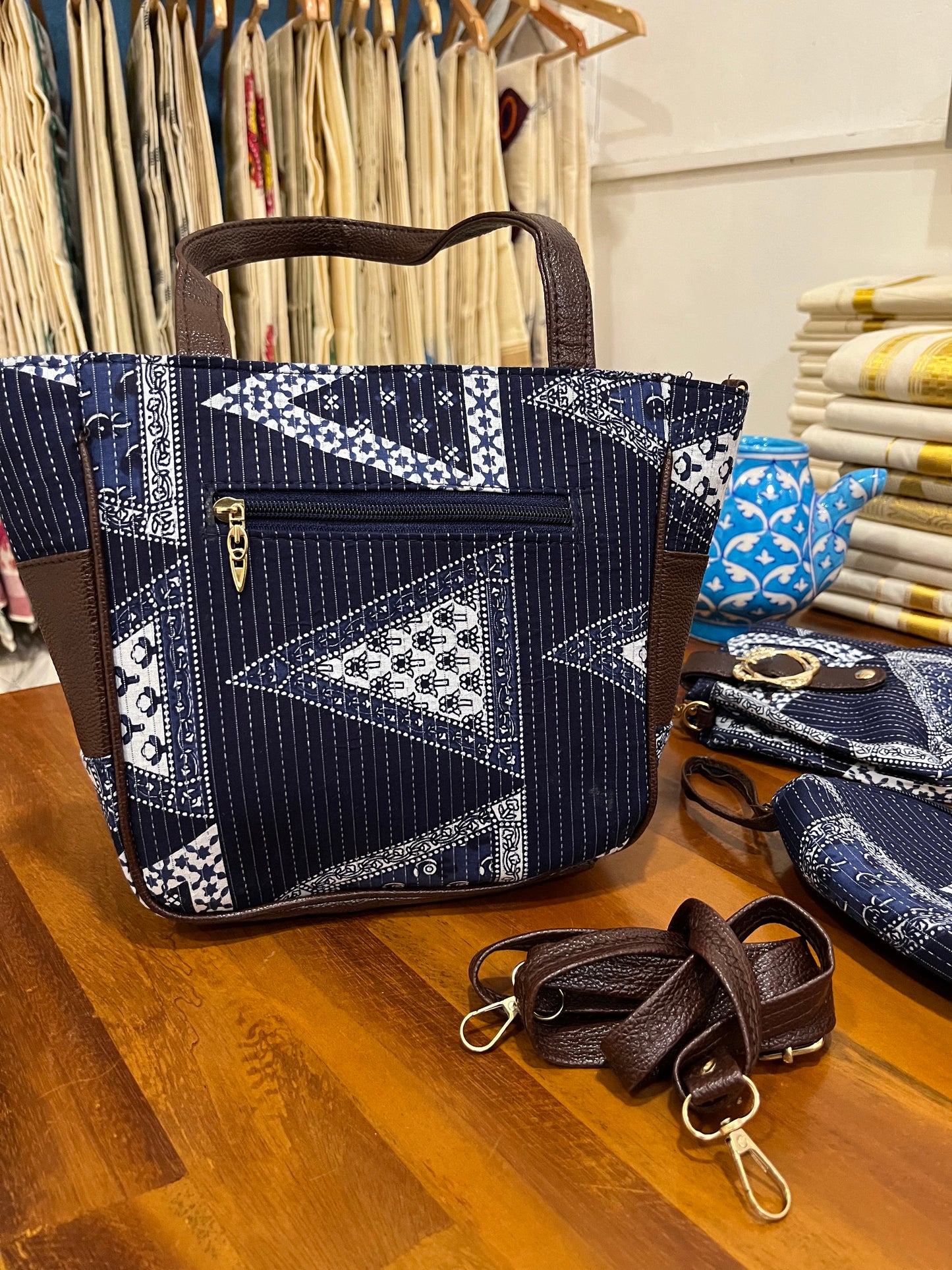 Southloom™ Handmade Printed Design Blue Sling Bag with Leatherette - Include 2 Small Pouch