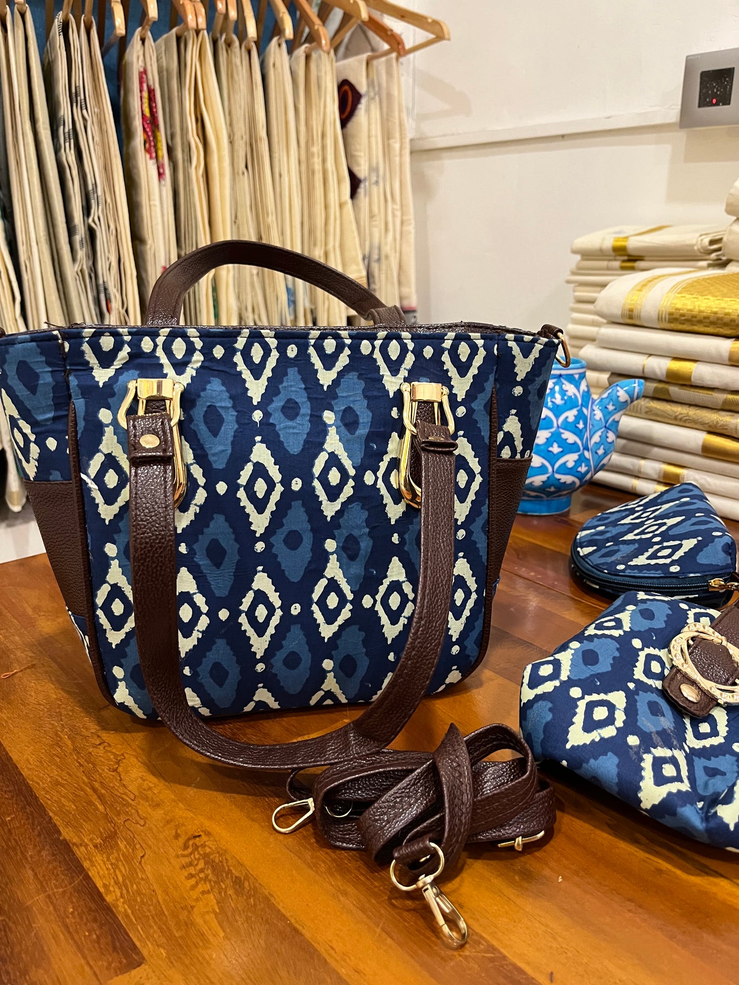 Southloom™ Handmade Printed Design Blue Sling Bag with Leatherette - Include 2 Small Pouch