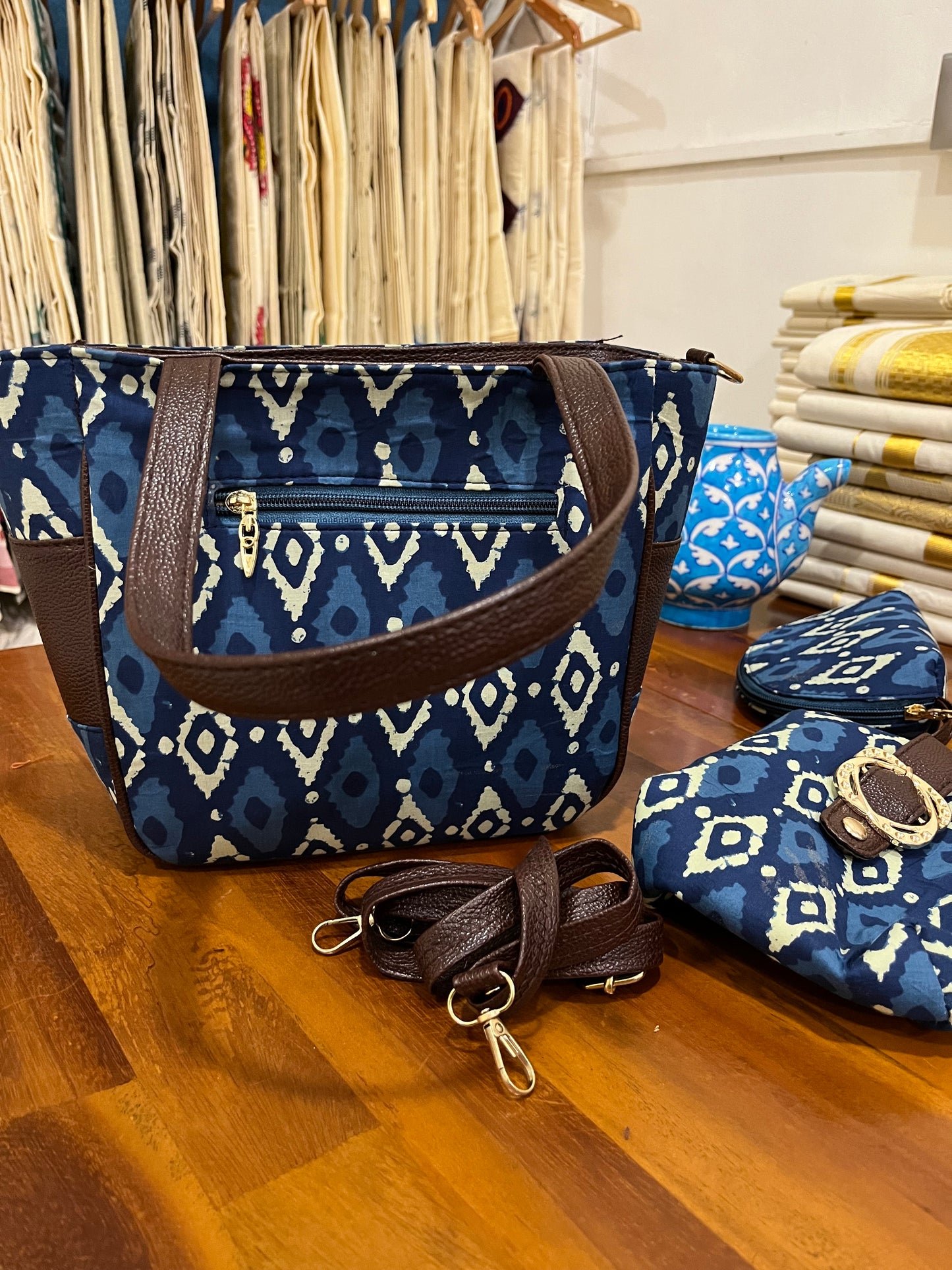 Southloom™ Handmade Printed Design Blue Sling Bag with Leatherette - Include 2 Small Pouch