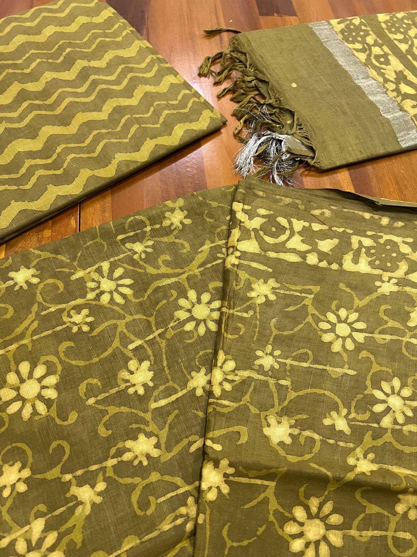 Southloom™ Cotton Churidar Salwar Suit Material with Olive Green Floral Prints