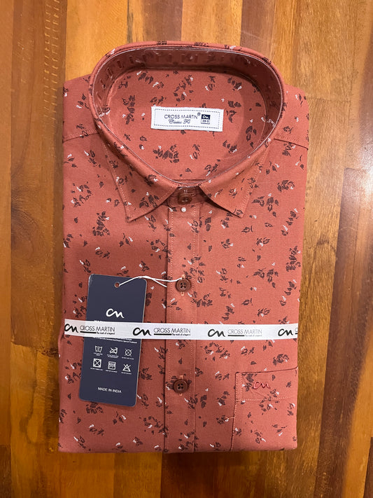 Pure Cotton Brick Red Printed Shirt (38 FS)