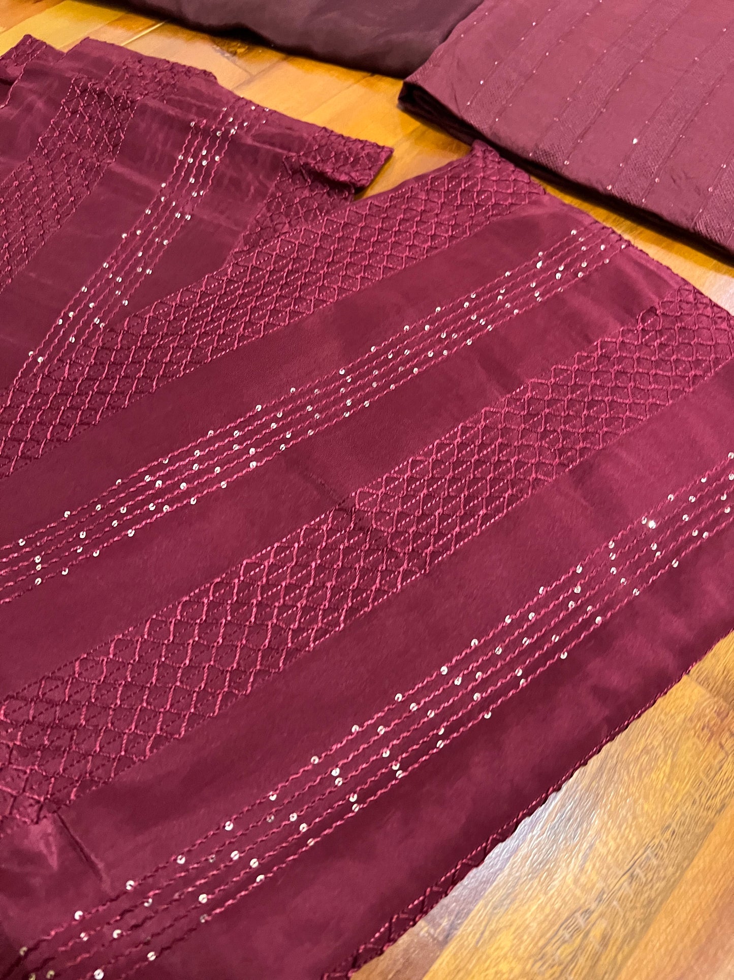 Southloom™ Semi Tussar Churidar Salwar Suit Material in Maroon with Sequins Thread Work