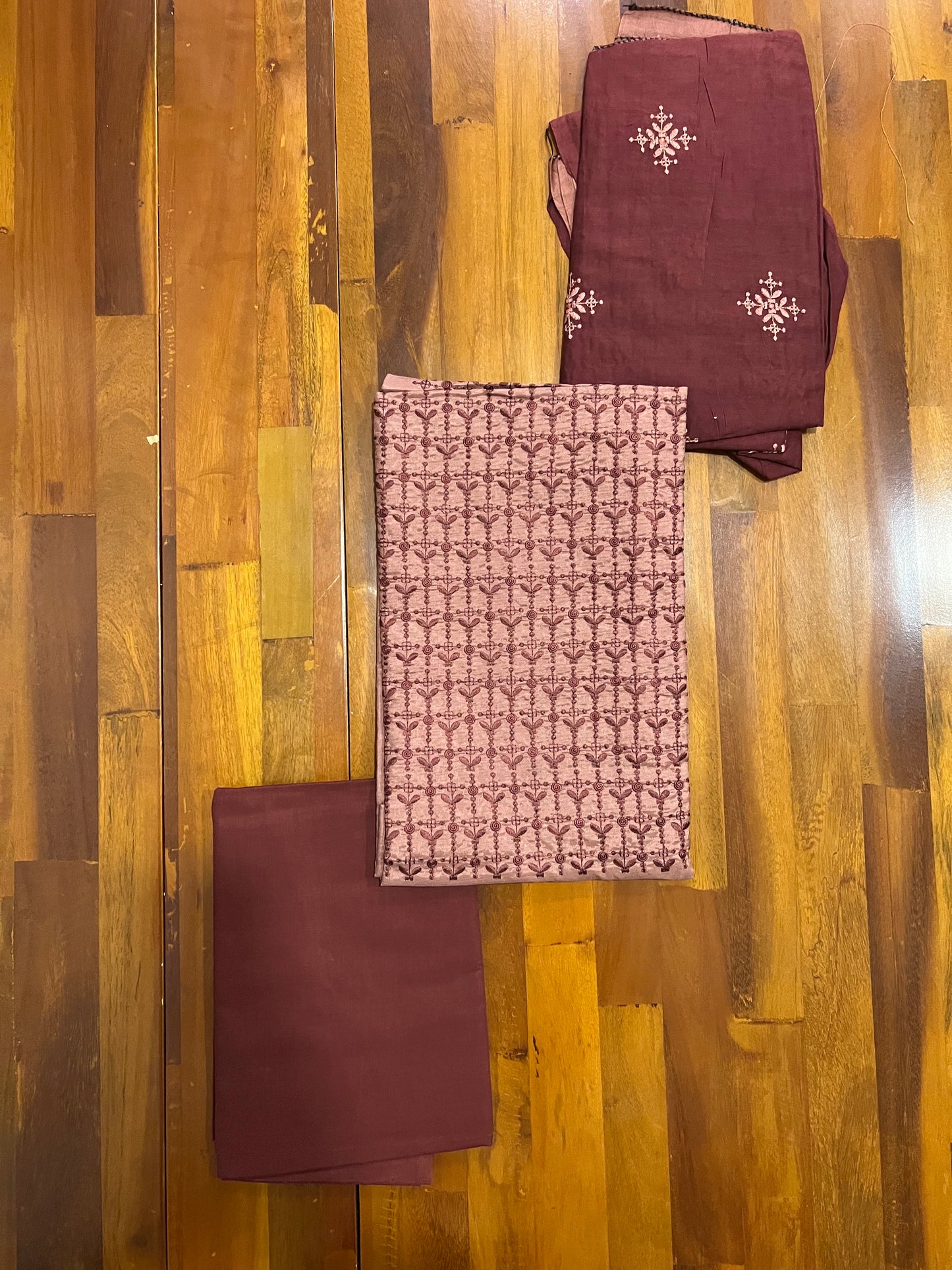 Southloom™ Semi Tussar Churidar Salwar Suit Material in Brick Red with Brown Thread Work